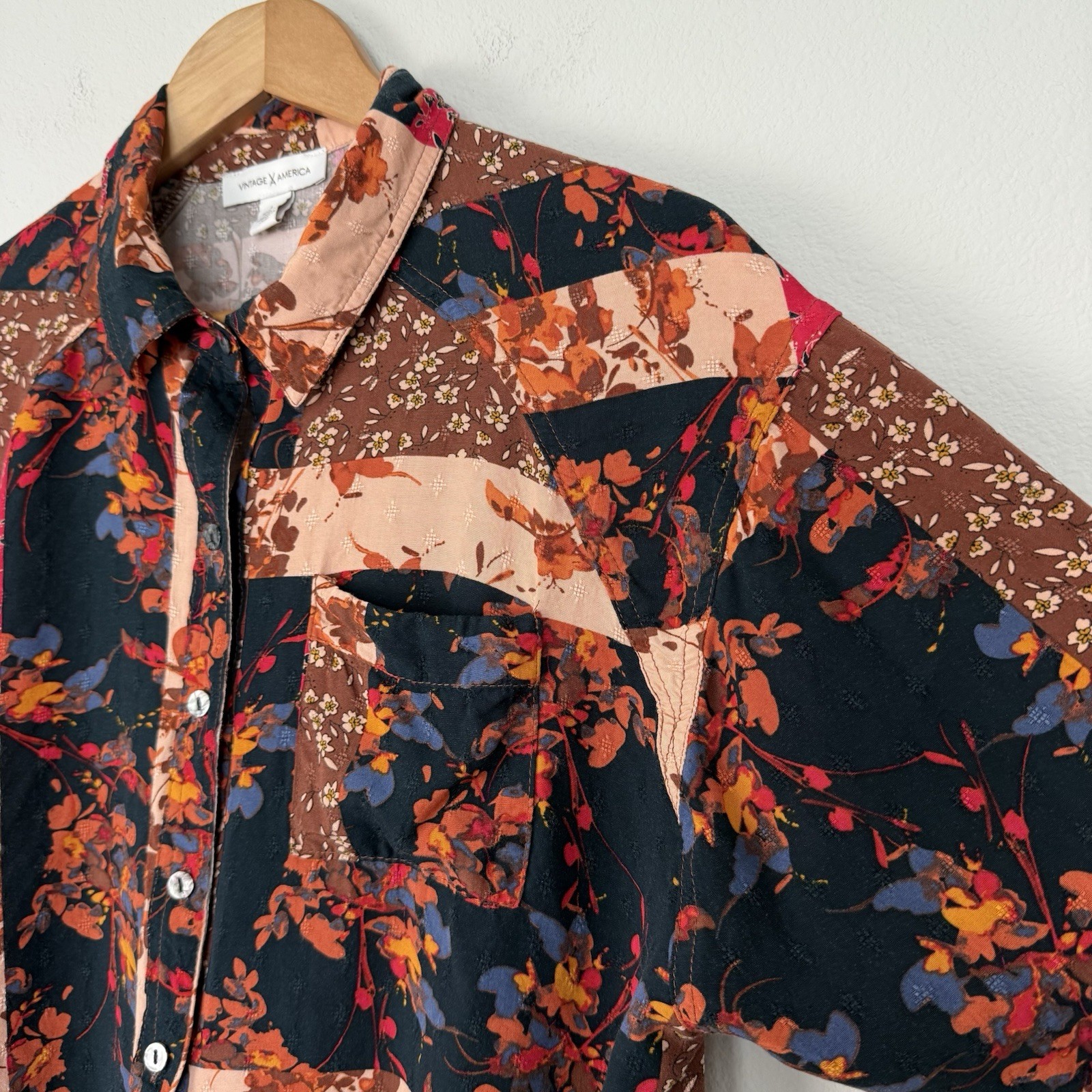 Vintage America Patchwork Button Up Womens Large Indie Country Rustic Cowgirl