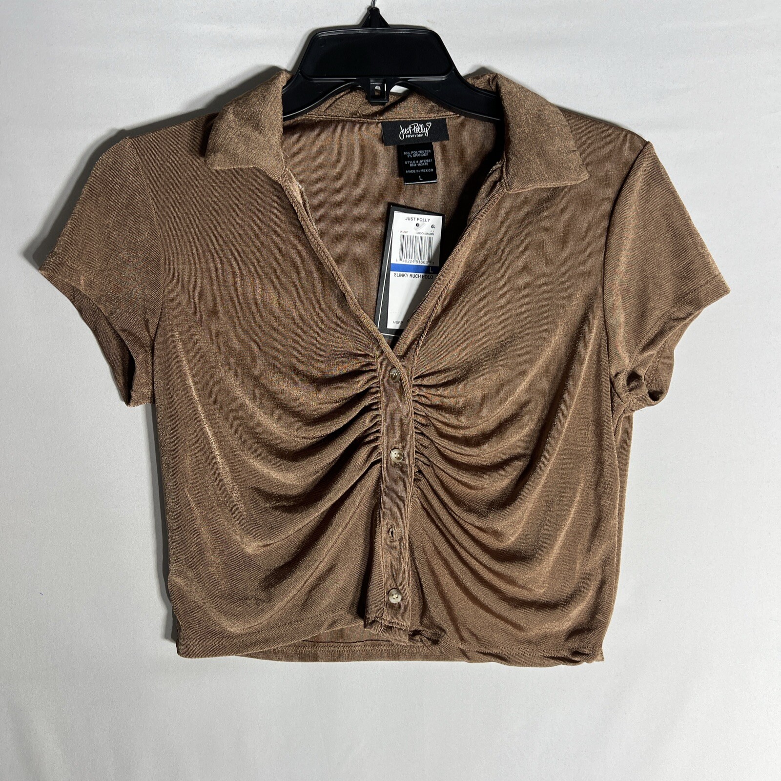 Just Polly Ruched-Front Polo Shirt Juniors’ M Cocoa Brown Collared Ribbed