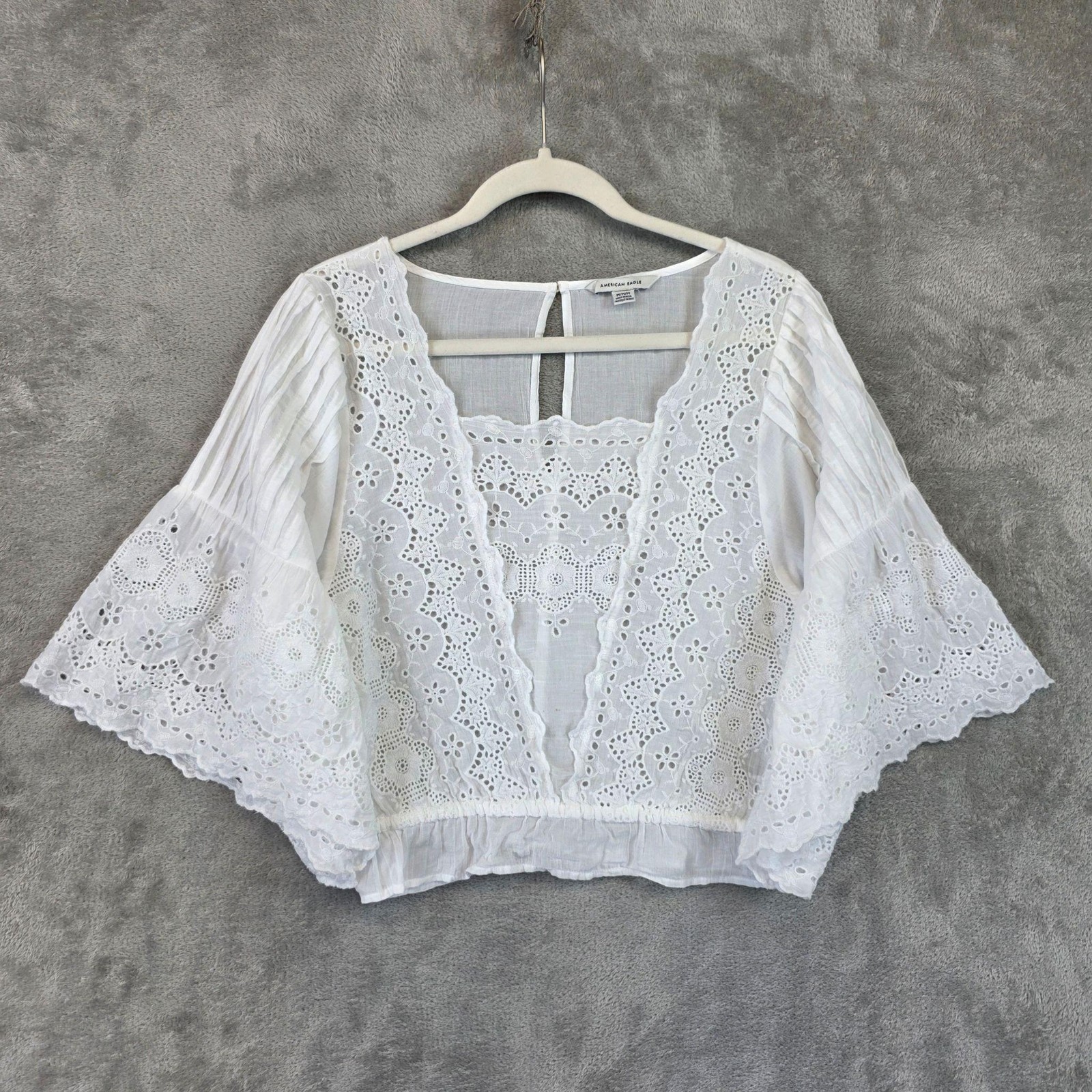 American Eagle Outfitters Blouse Womens M White Square Neck Eyelet Cropped Boho