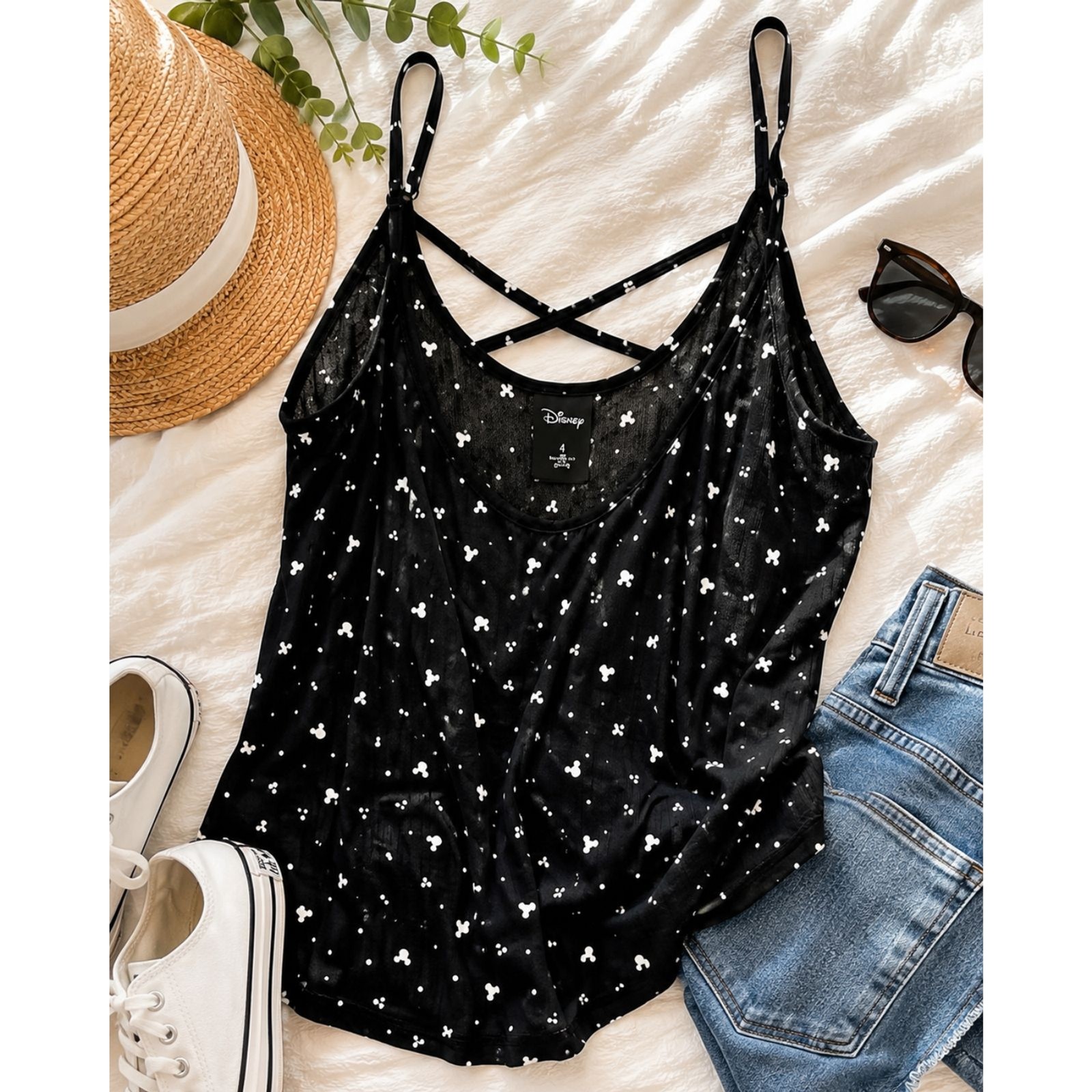 Disney Mickey Mouse Polka Dot Strappy Tank Top Women’s Size 4 Black Cami