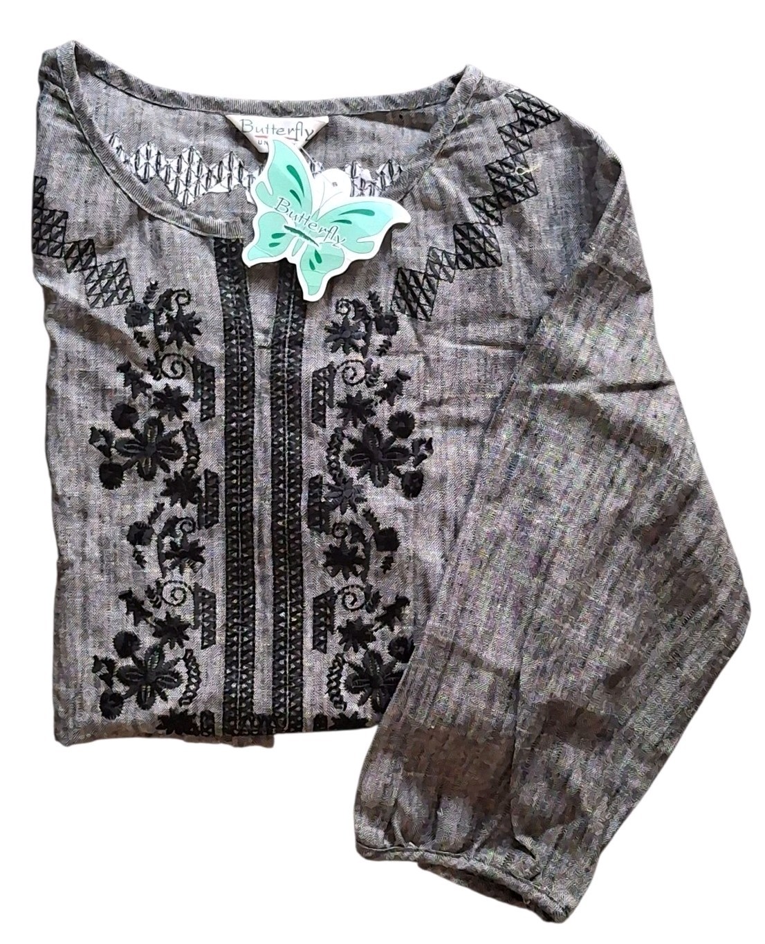 Butterfly Unicorn Linen Embroidered Tunic Top Gray Black Side Zip Pockets Medium