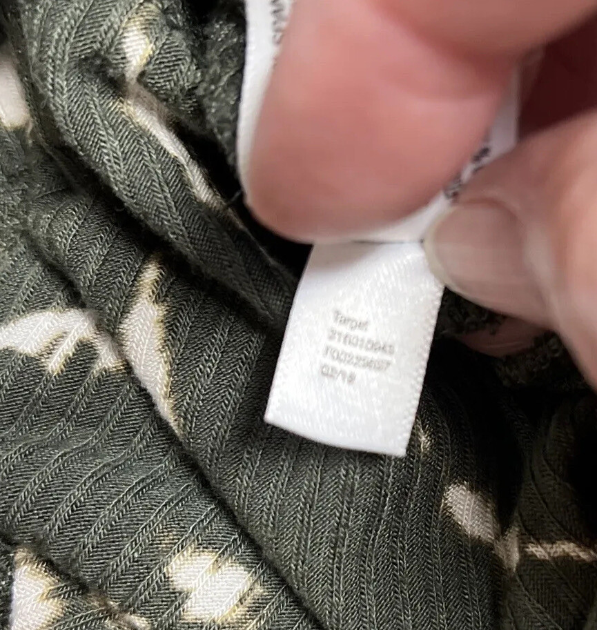 Knox Rose Whimsical Army green White Ribbed Tunic Top Raw Edges Semi sheer Sz S
