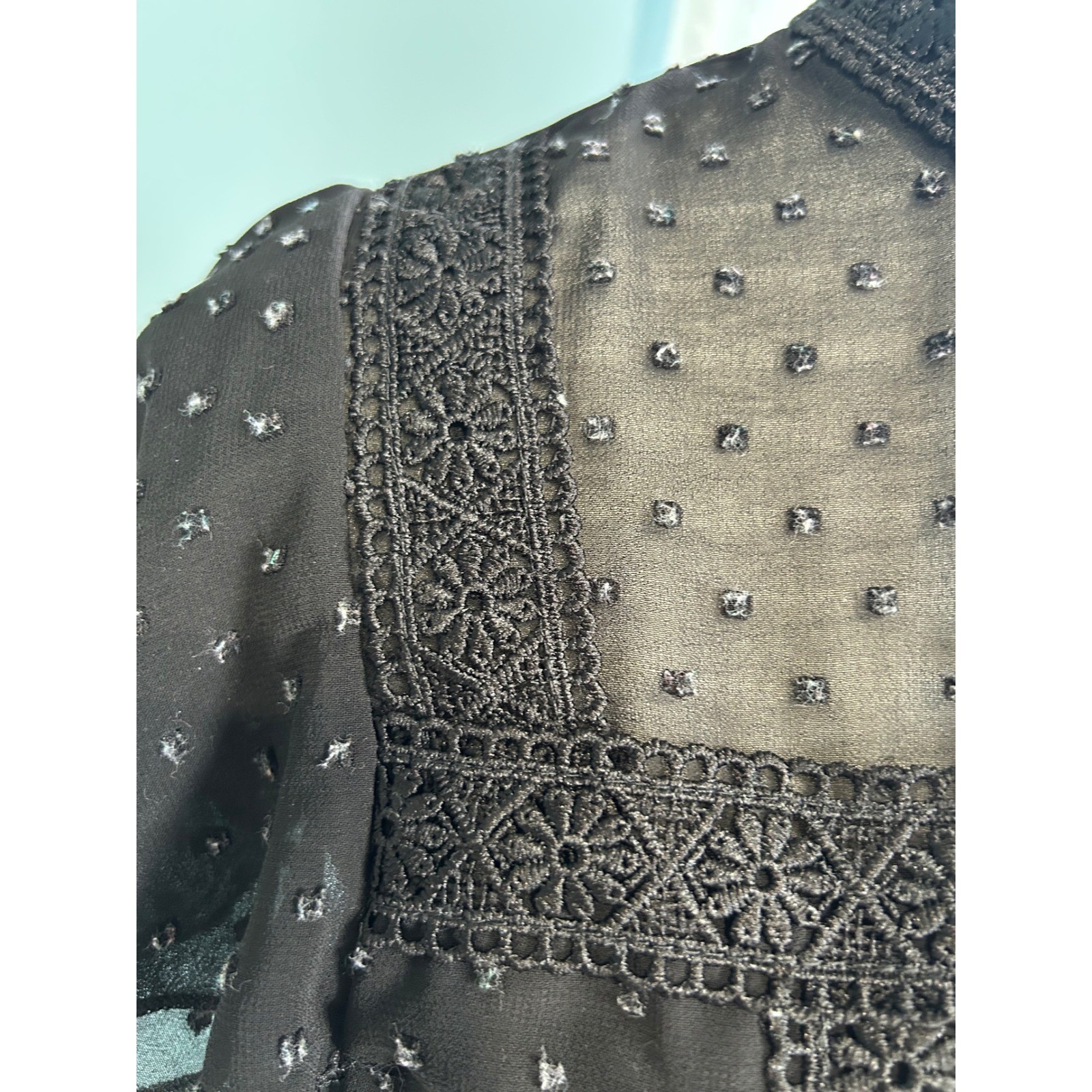 Mi Ami Black Swiss Dot Lace Mock Neck Flutter Sleeve Open Back Crop Top Large
