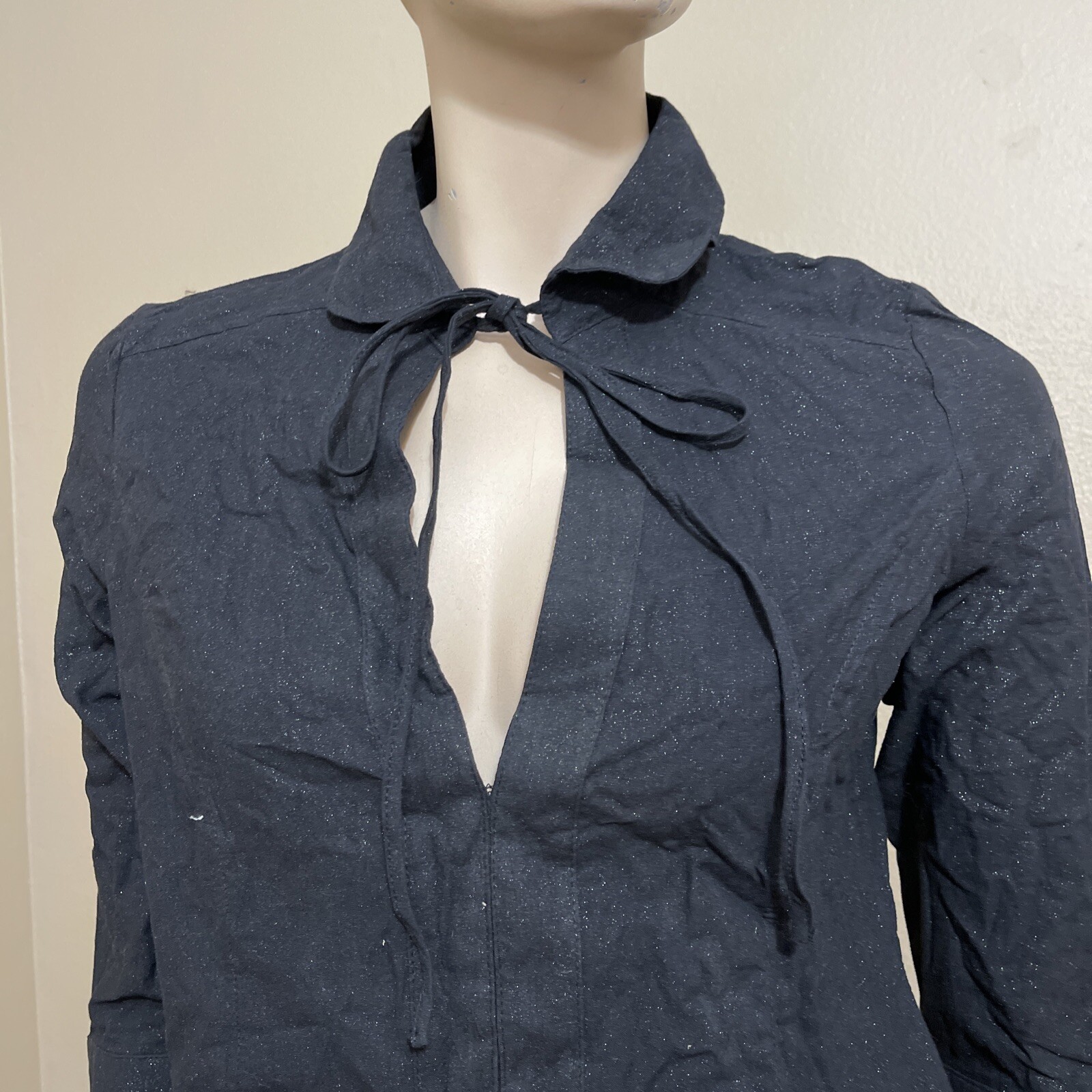 Women’s Black Silver Cotton Casual Button Zipper Glitter TieSize L Top Blouse