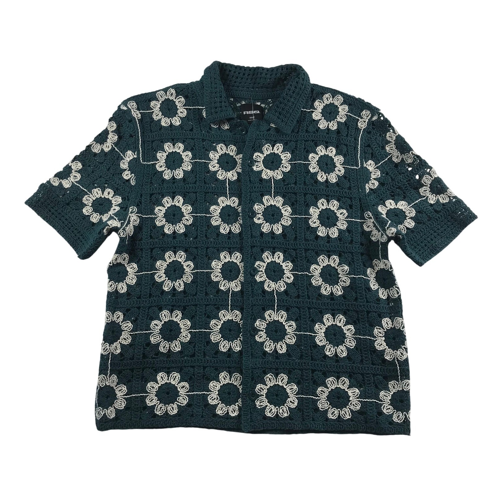 RSQ Womens Floral Crochet Button Up Shirt Teal Green White S25101SP01 Small NEW