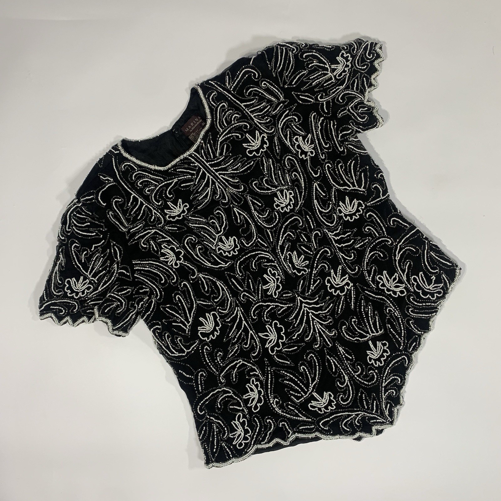 Vtg Marina Black Gray White Silk Beaded Floral Evening Formal Top Blouse Size 2X