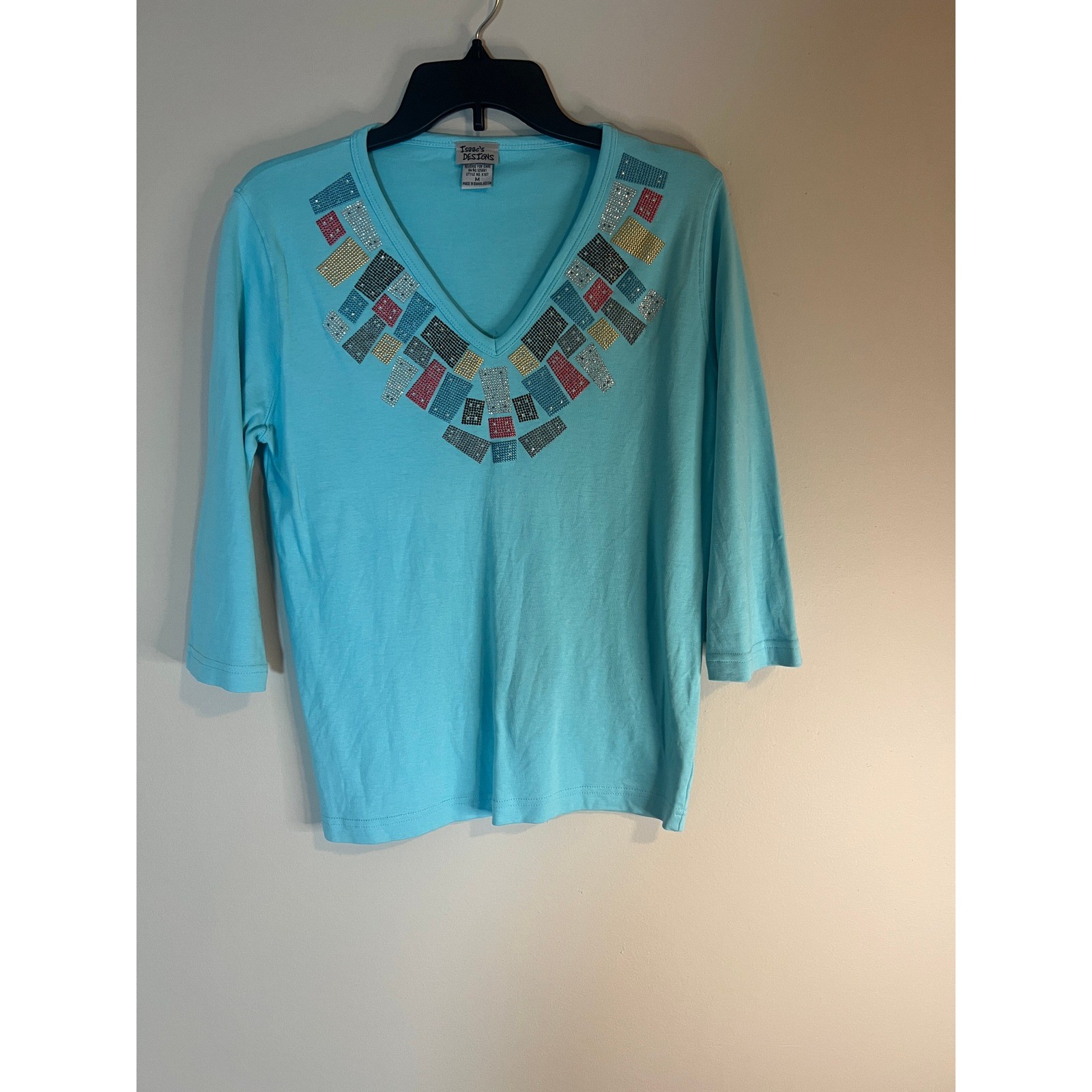Isaacs Designs Turquoise Blue Rhinestone V-Neck 3/4 Sleeve Top Medium K107
