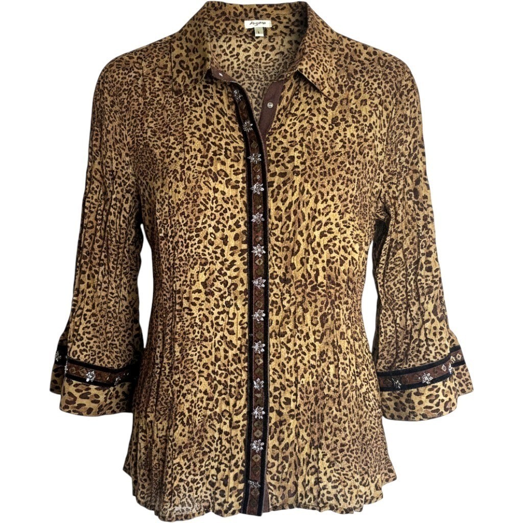 Agora Cheetah Velvet Metal Beaded Trim Crinkle Snap Up Top Womens L M Vintage