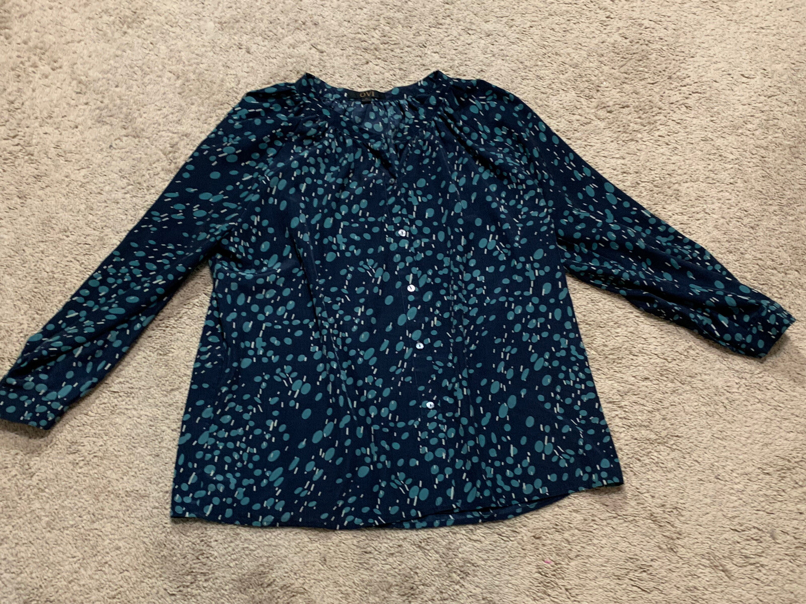 Ovi Womens Button Up Shirt Size Large Blue Green Print Long Sleeve Dressy Top