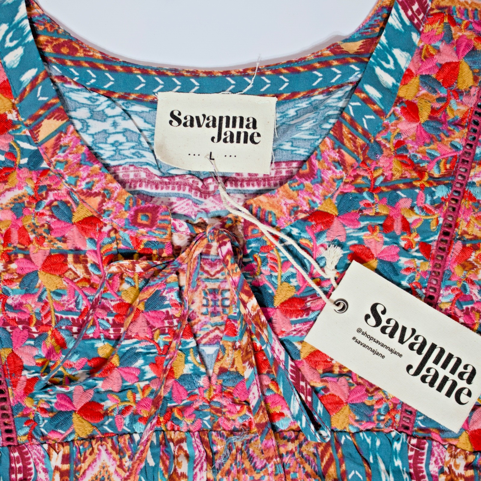 NWT Savanna Jane Pink Red Embroidered Tasseled Blouse Top Boho Festival Women L