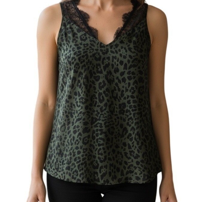 EXPRESS Army Green & Black Leopard Print Lace Trim Sleeveless Tank Top NWOT XS