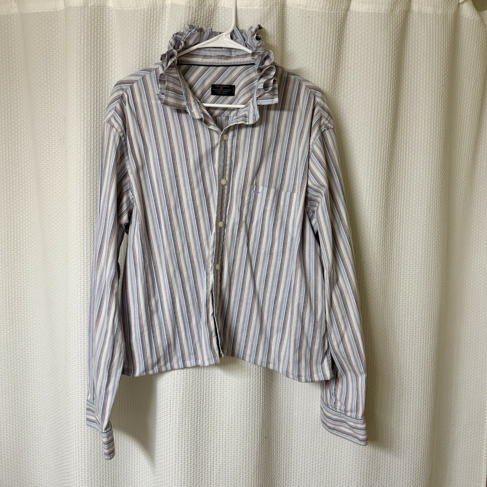 Dockers Men’s Dress Shirt Upcycled Into Women’s Blouse W/ Ruffle XL Multicolor