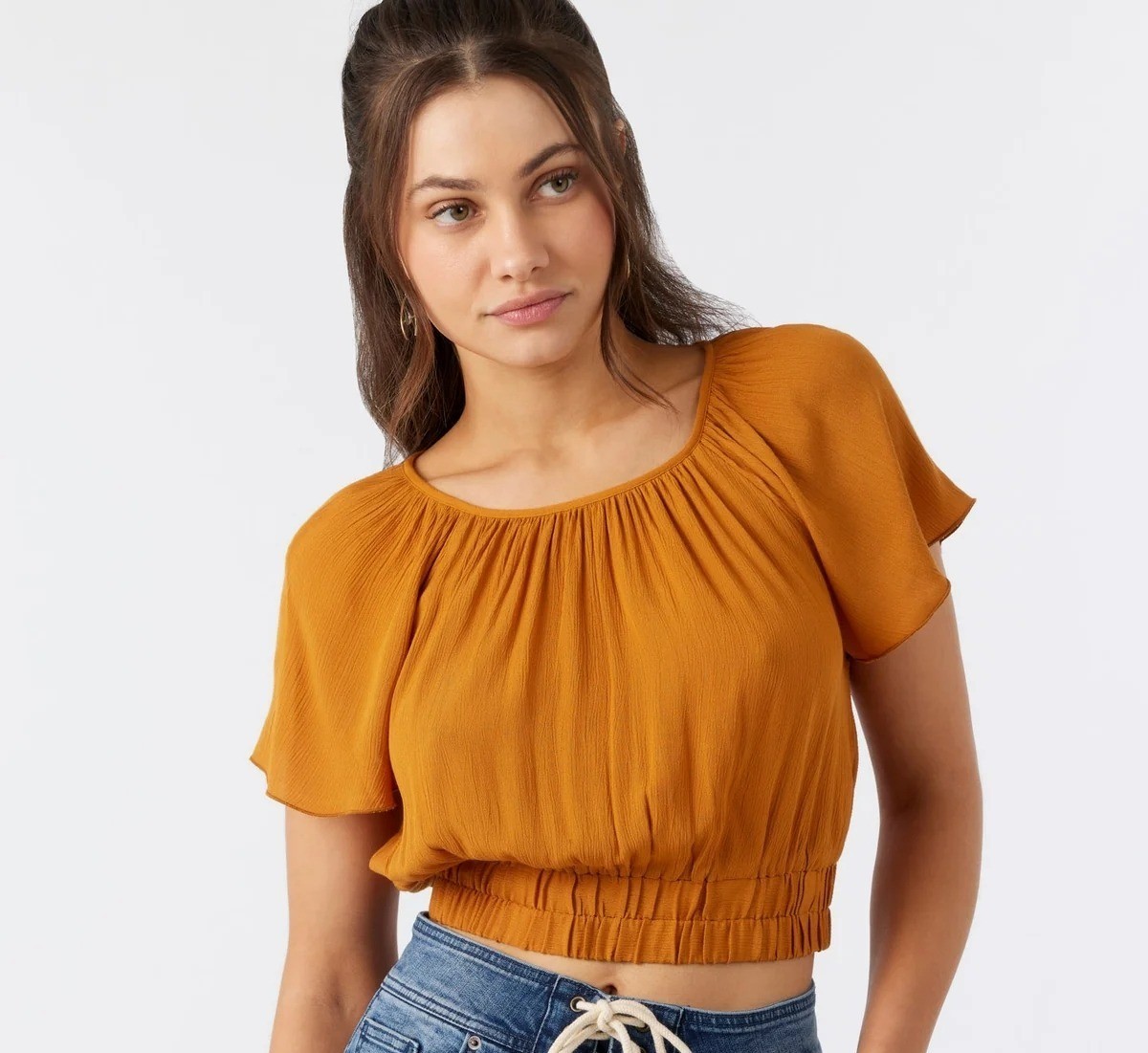 O’NEILL Misty Top Sz M Turmeric Orange Keyhole Back Woven Viscose Elastic Waist