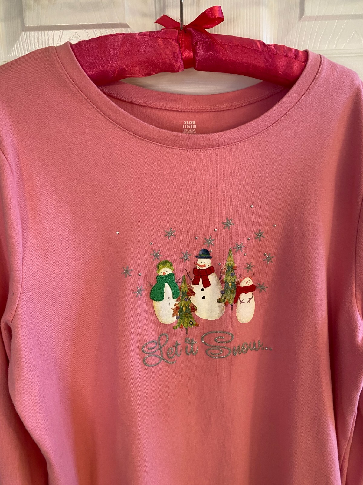 Christmas Yule Blouse Top Cotton Jersey Snowmen “Let It Snow” Pink XL EUC R393