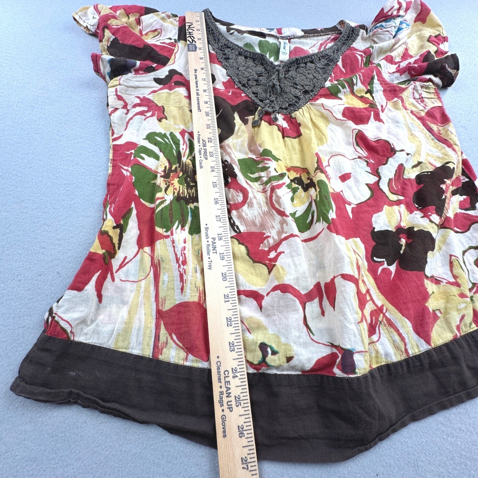 LA Blues Floral Crochet V-Neck Top Womens 14/16W Multicolor Cotton Boho Blouse