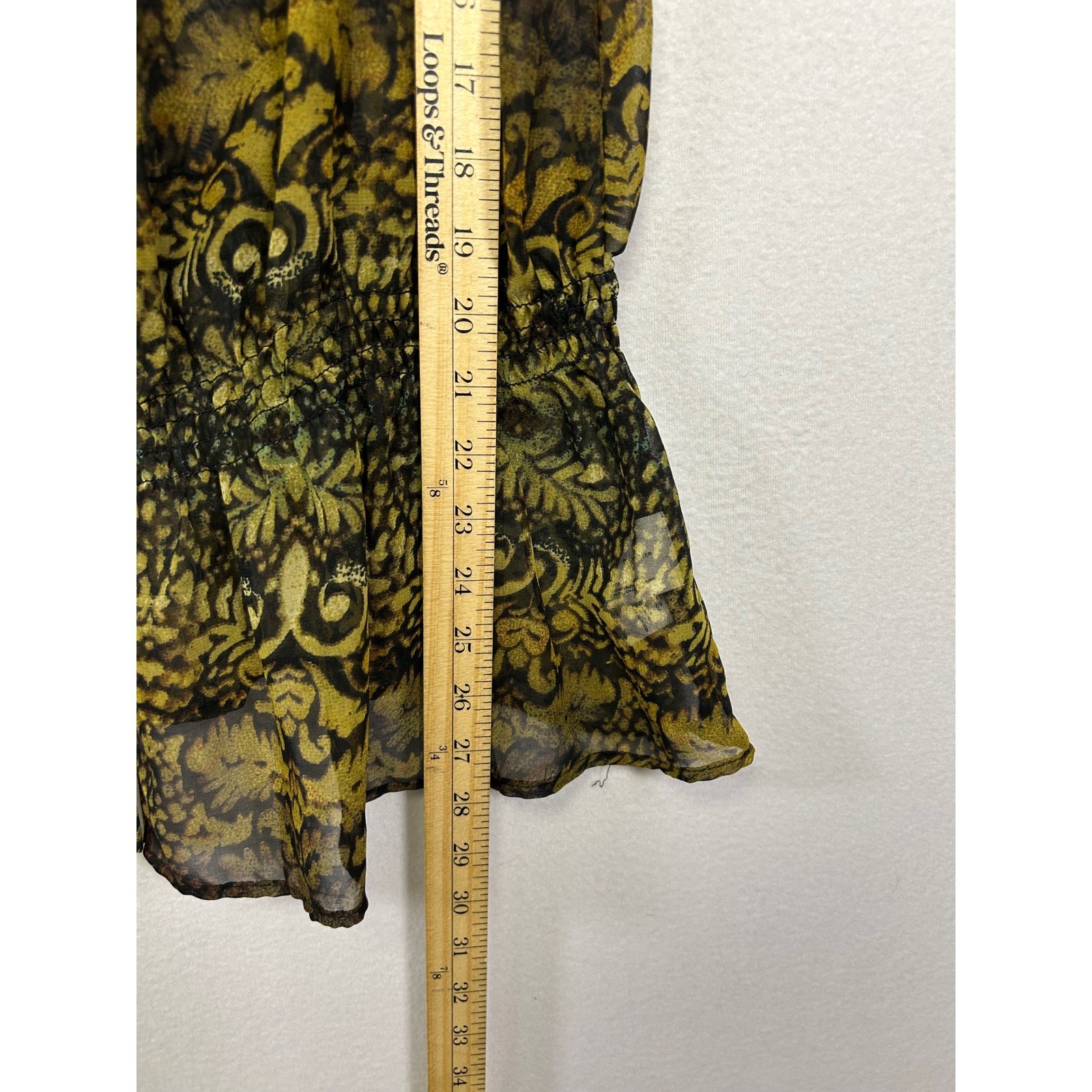 Whimsigoth Boho Bandolino Womens XL Gold Brown Sheer Smocked Damask Blouse Top