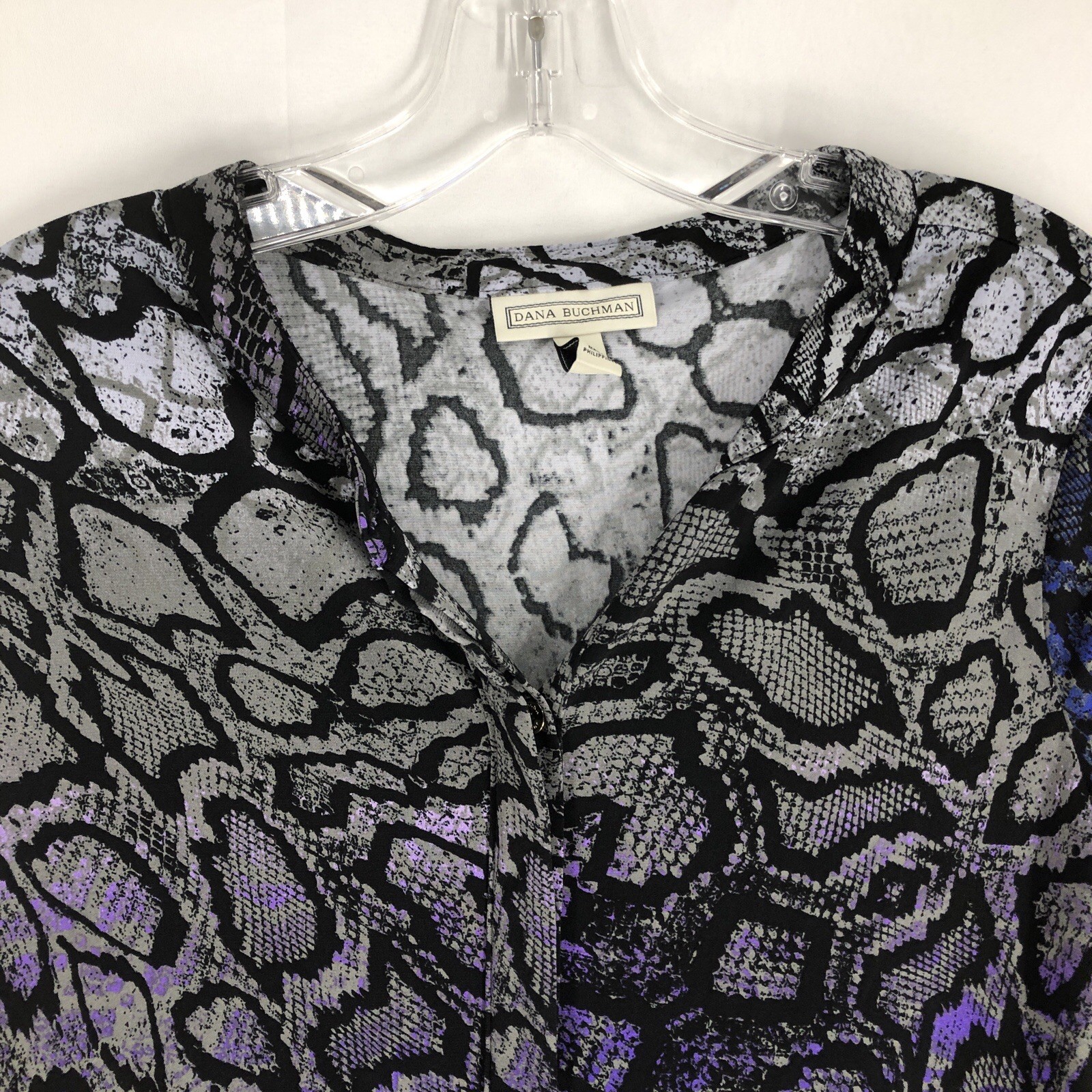Dana Buchman Top S Purple Blue Gray Snakeskin Print Button Front Long Sleeve