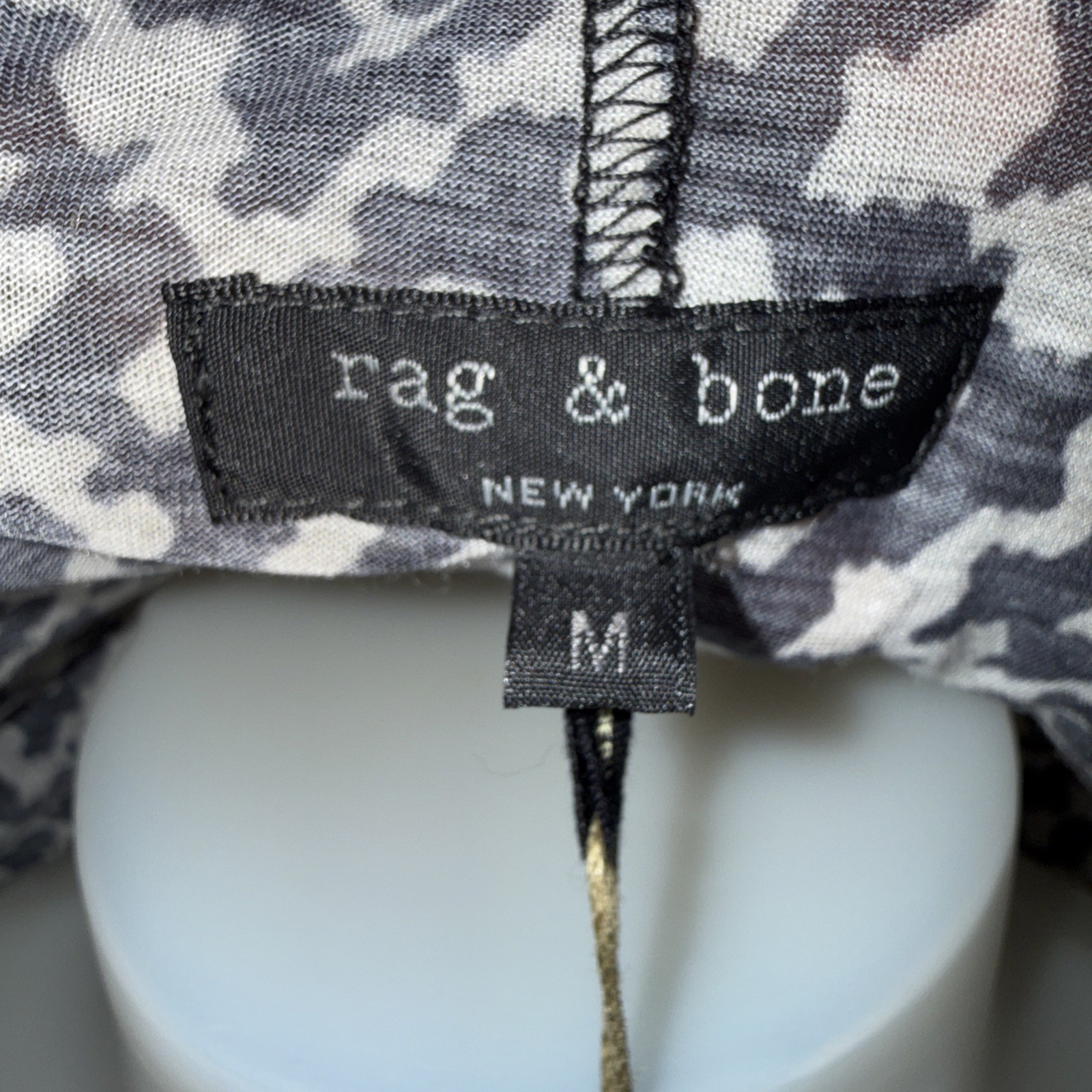Rag & Bone Black Print Pocket Tee Women’s M Raw Edge Roll Tab Short Sleeve