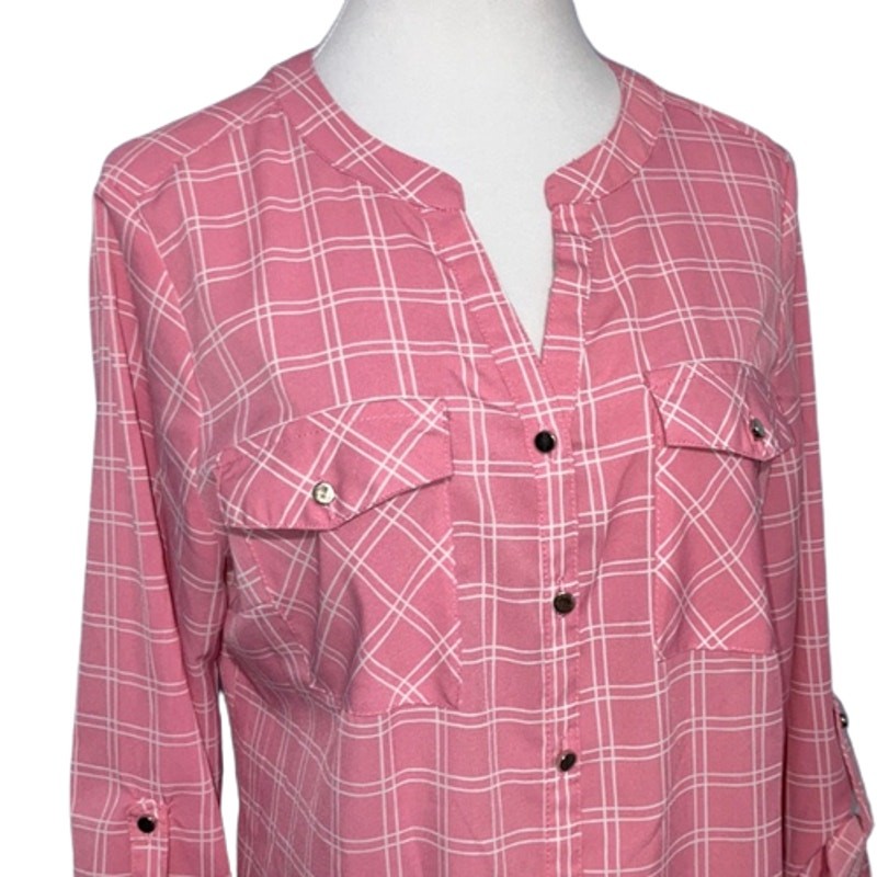 NY Collection Pink 3/4 Long Sleeve Plaid Button Front Top Size Large