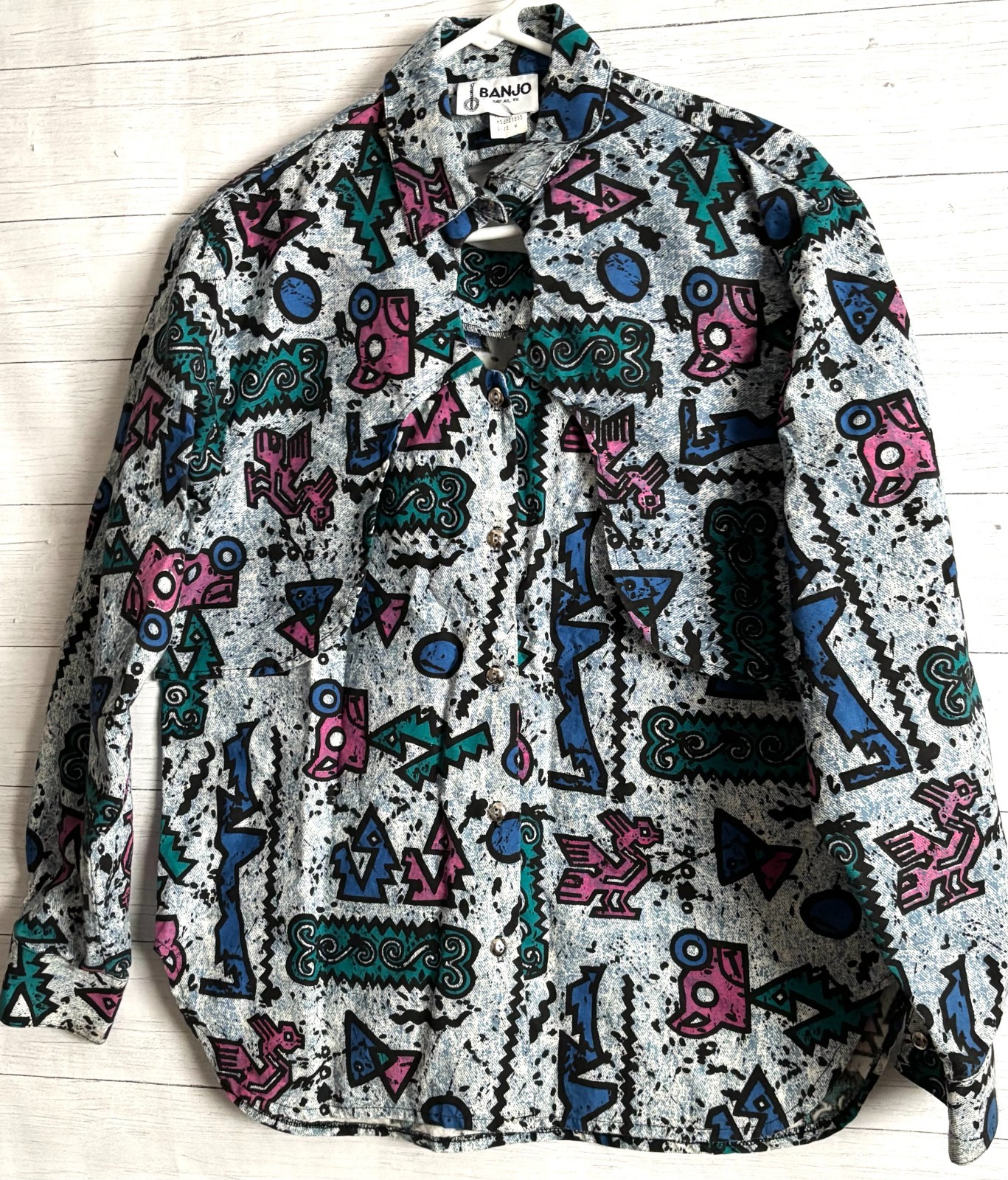 Banjo Vintage Button Up Shirt Womens Sz M Rodeo Western Aztec Geometric 90s 80s