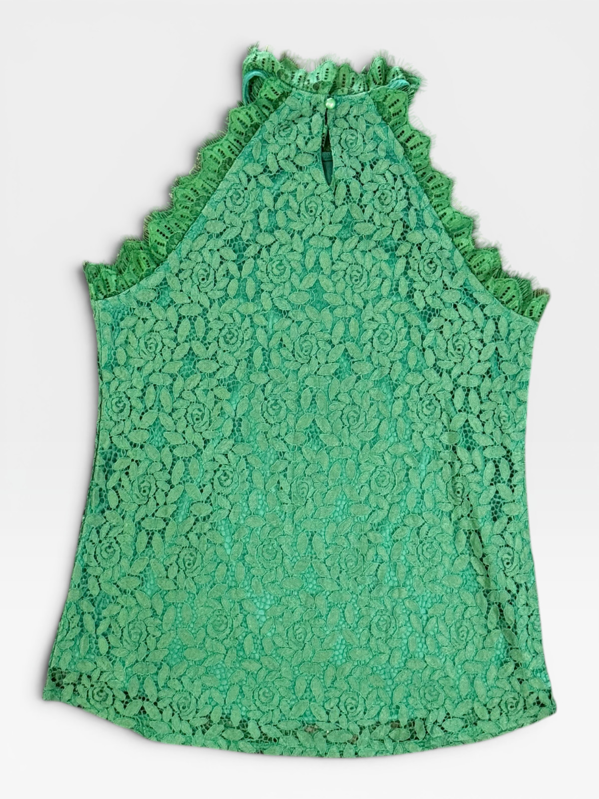 Green Lace Overlay A Line Tank Blouse Key Hole Button Closure Delicate Size Med
