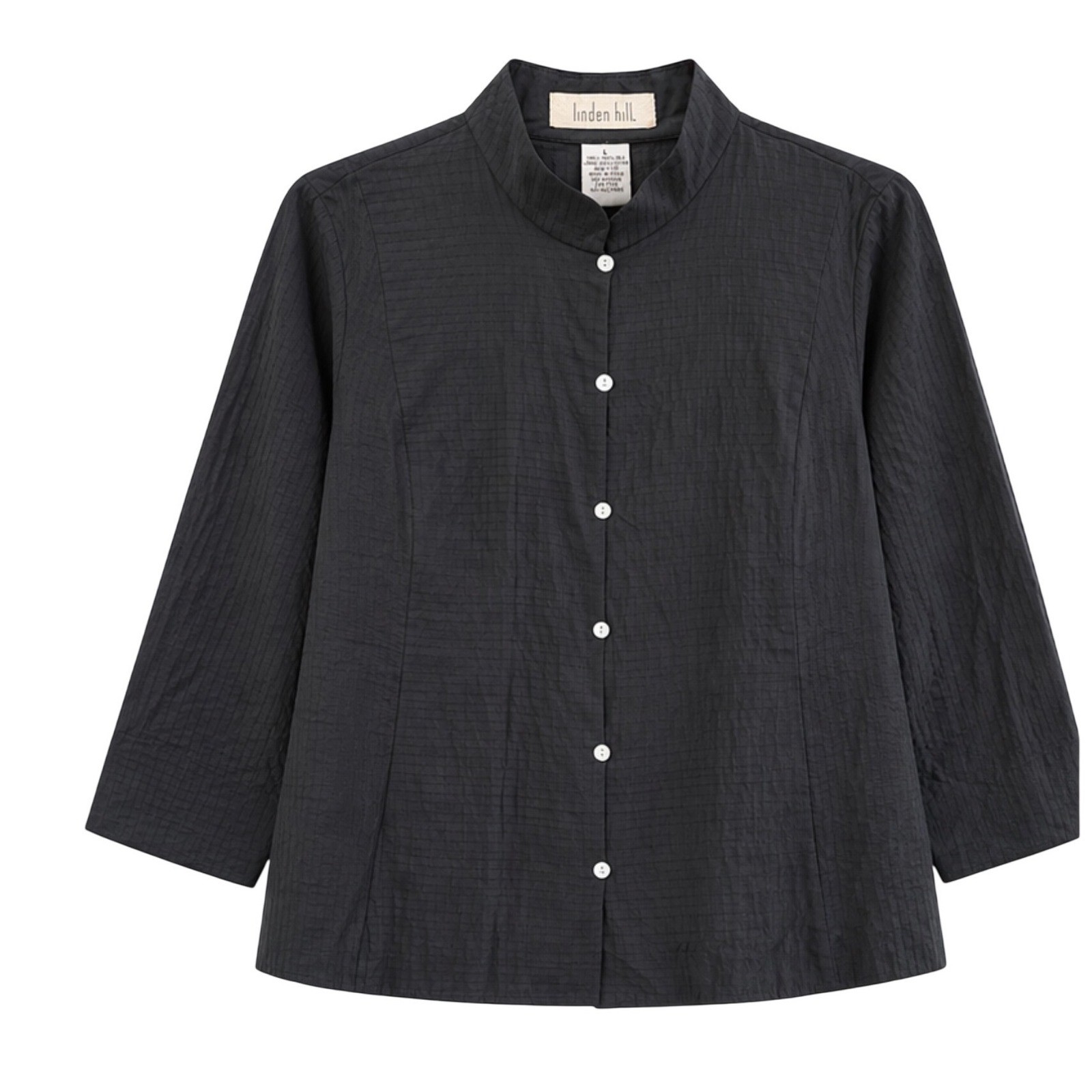 Linden Hill Women Black 100% Silk Quilted Mandarin Collar 3/4 Sleeve Blouse L