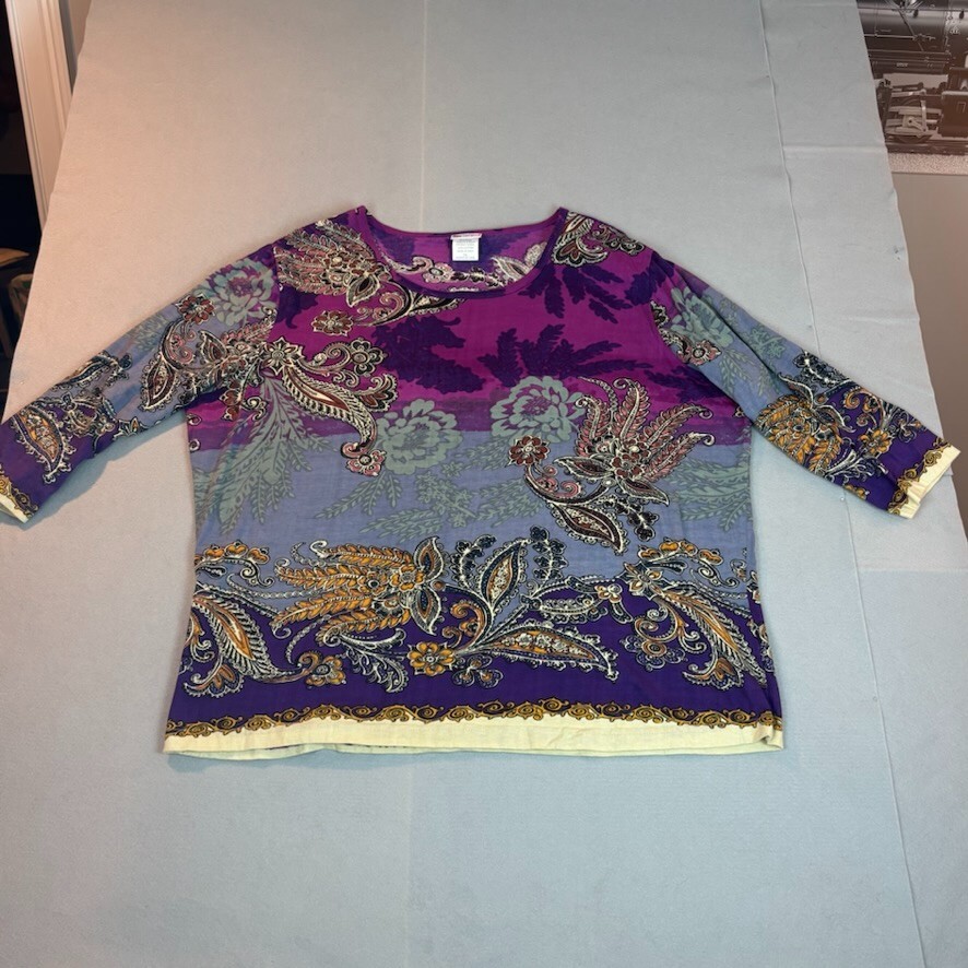 American Sweetheart Womens Purple Paisley 100% Cotton 3/4 Sleeve Tee Size XXL