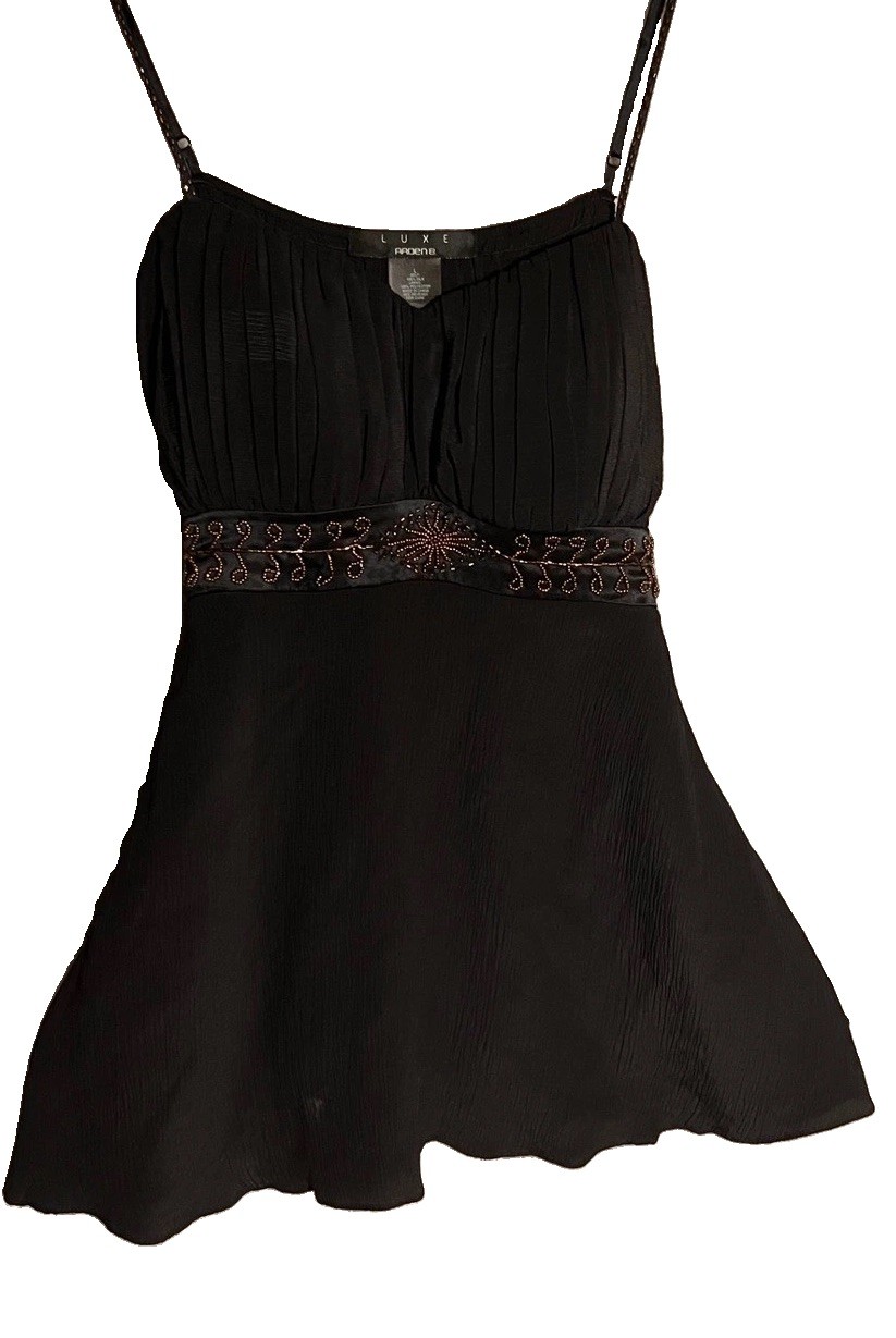 Arden B Luxe Black 100% Silk Beaded Babydoll Camisole Top Womens Large Vintage