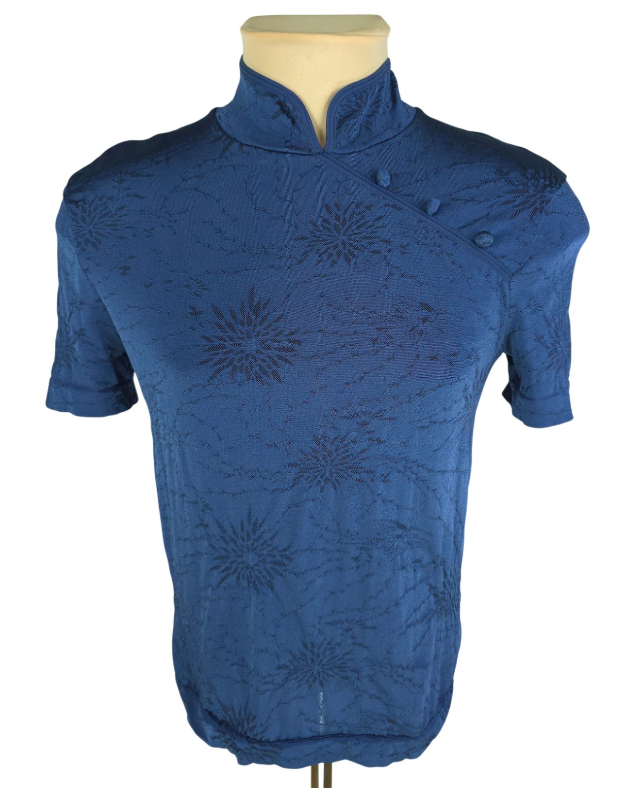 WOLFORD Satin Opaque Jacquard Top Blue Mandarin Collar Asian Style Size L