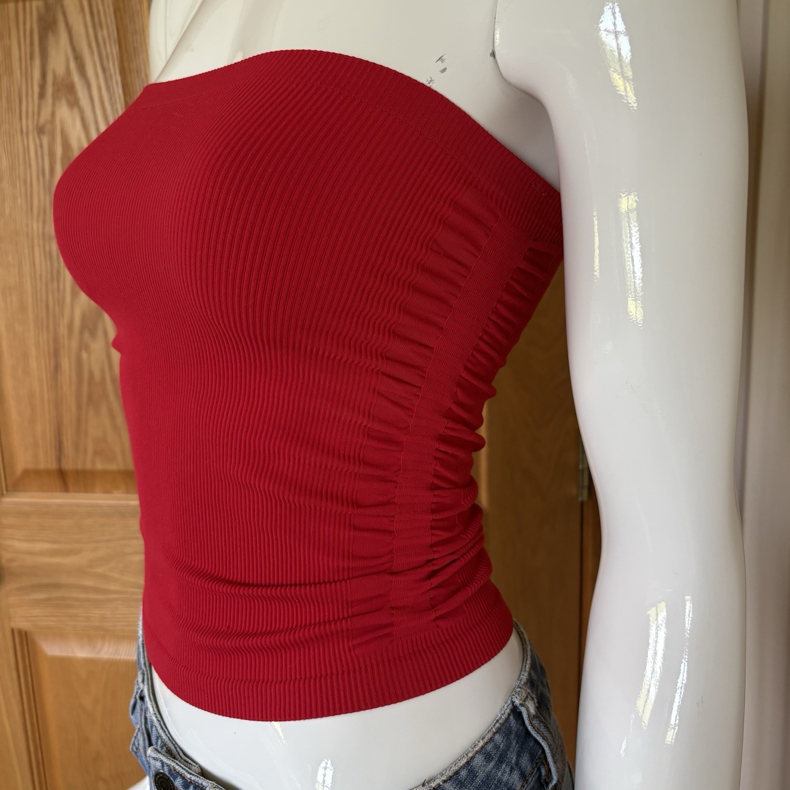 Bisou Bisou Red Solid Ribbed Knit Ruched Strapless Tube Top Stretch XS/S