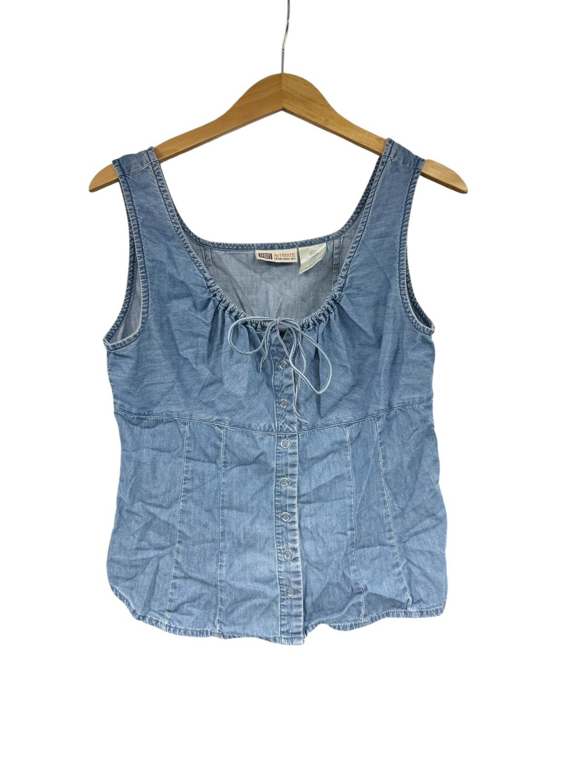 Faded Glory Chambray Denim Snap Button Up Tie Front Detail Boho Western Tank M