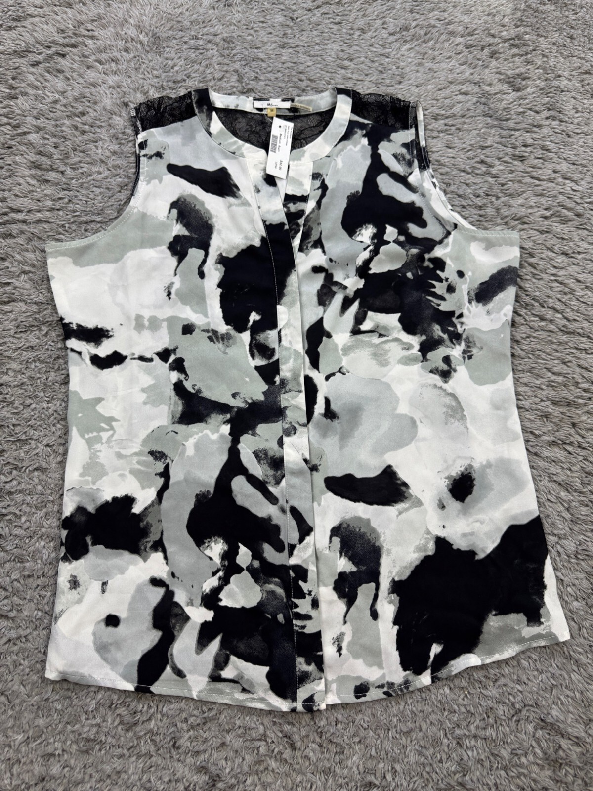 Sioni Top Women Medium Aluminum Geometric Black Lace Yoke Sleeveless Blouse NWT