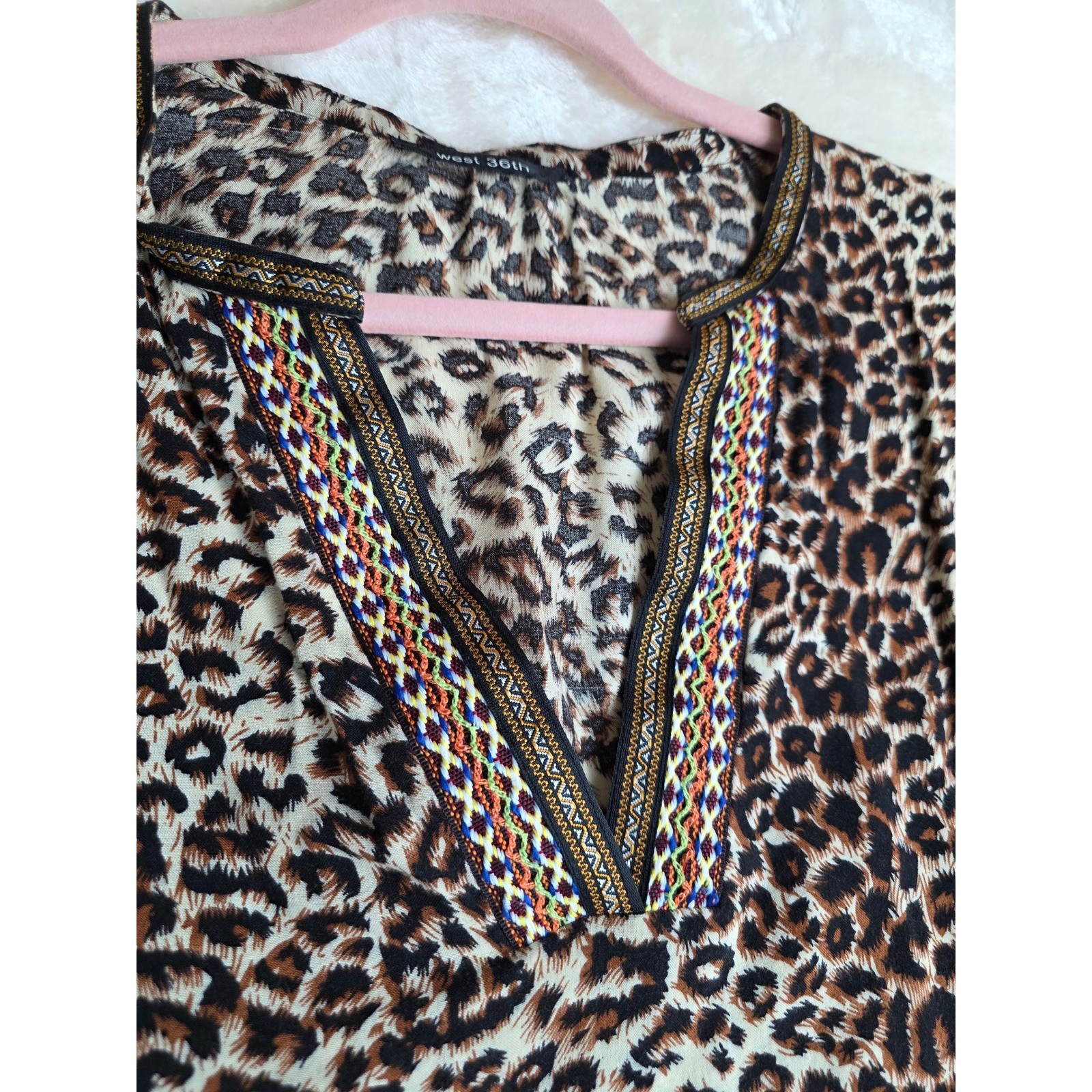 West 36th Leopard Print V Neck Tunic Top Women’s Long Sleeve Embellished
