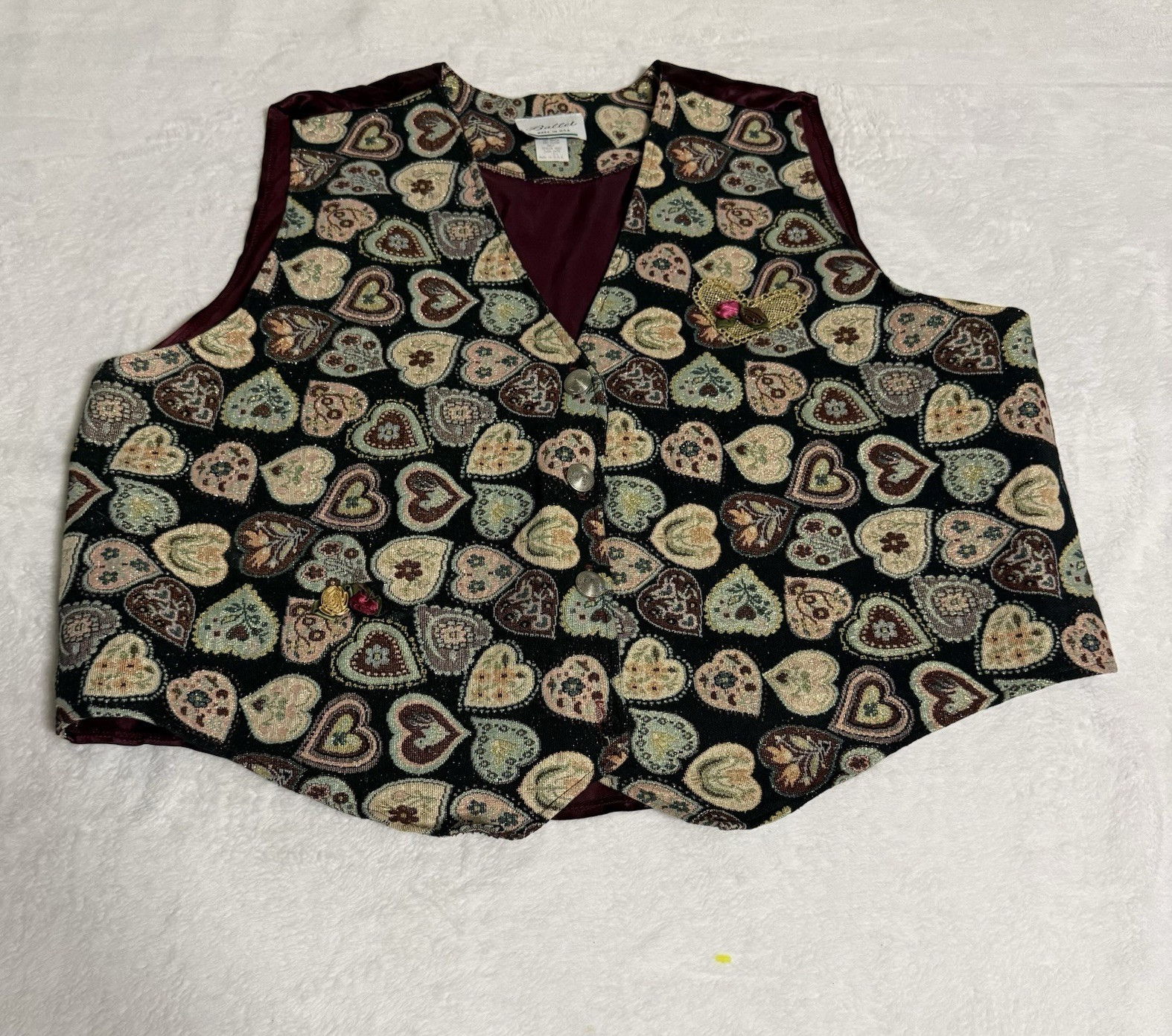Vintage Ballet USA 3X Heart Tapestry Vest Womens Cottagecore Brooch Made USA