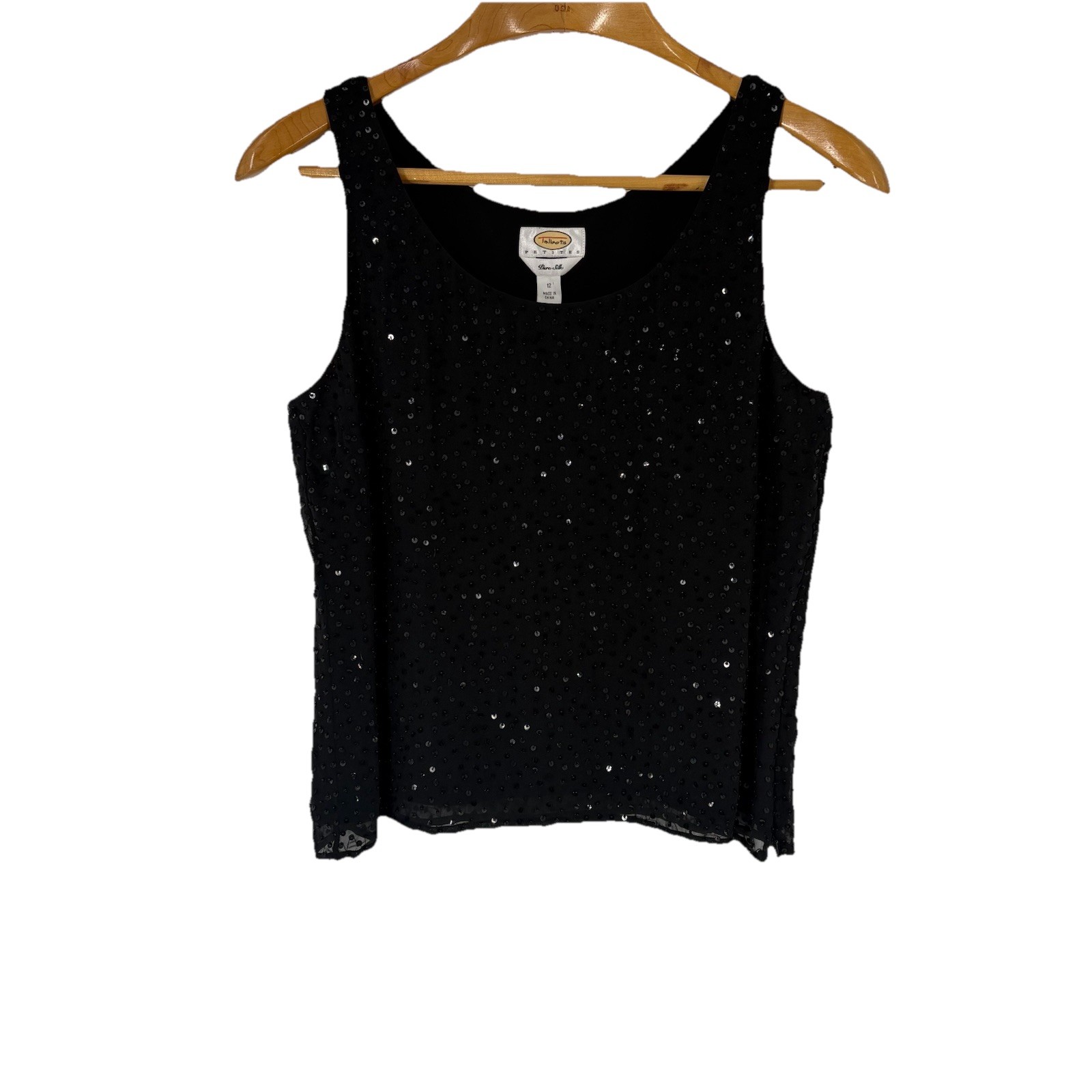 Vintage Talbots Silk Beaded Shell Top 12 Black Cocktail Holiday Special Occasion