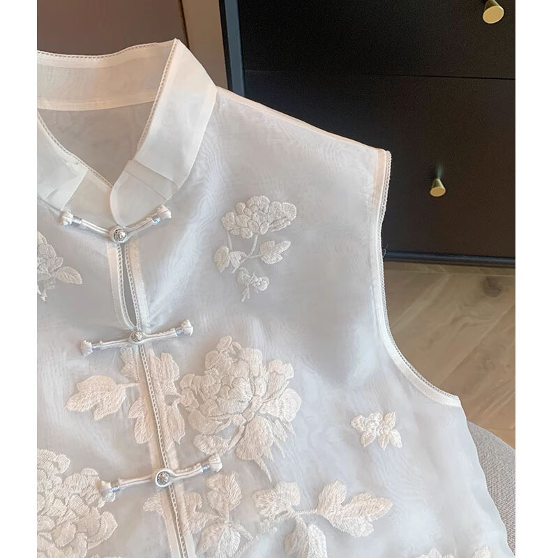 Chinese Embroidery Organza Stand Collar Vest Women’s Sleeveless Vest
