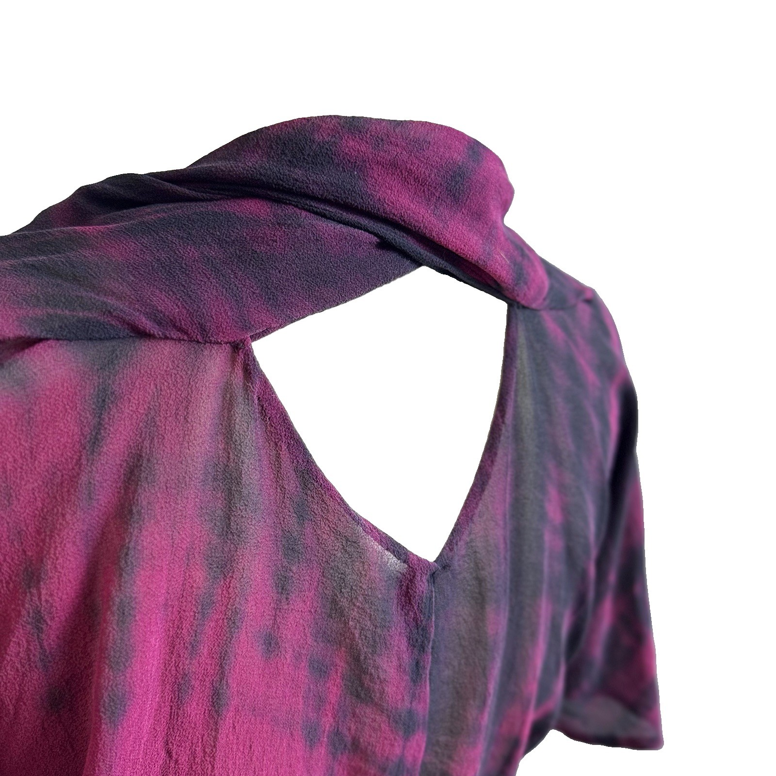 100% Silk Tie Dye Shibori L Crop Top Wrap Blouse Darts Twist Back Black Burgundy