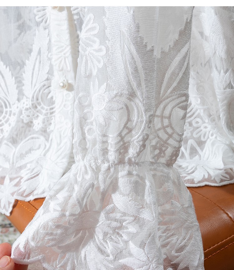 100% Silk Transparent White Embroidy Women Buttons Long Sleeve Shirt Top M1383