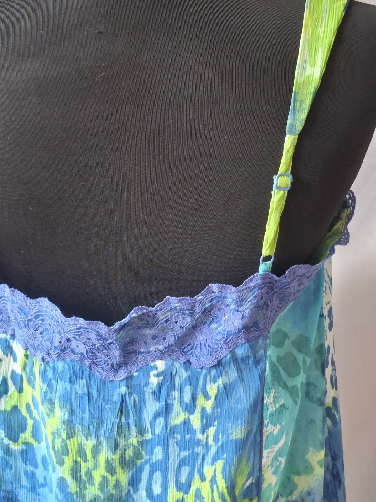 Y2K Per Una Festival Ruffle Hem Boho Fairy Cami Top Lace Trim Blue Green Tunic