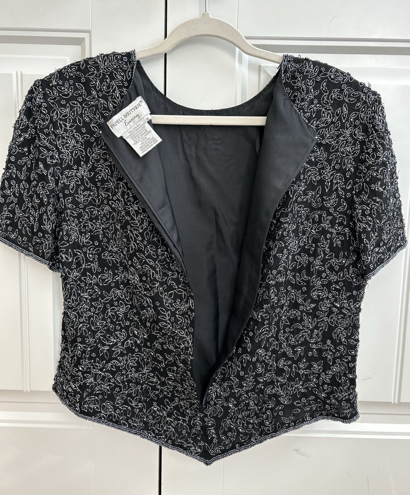 Papell Boutique Evening Beaded Blouse Black & Silver Women’s XL VTG Formal