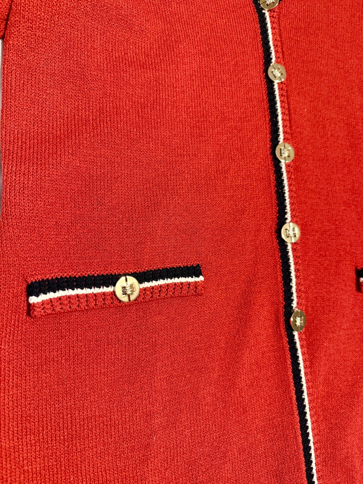 Vtg St. John Marie Gray Size 8 Red Knit Blazer Jacket, Navy Trim, Gold Buttons