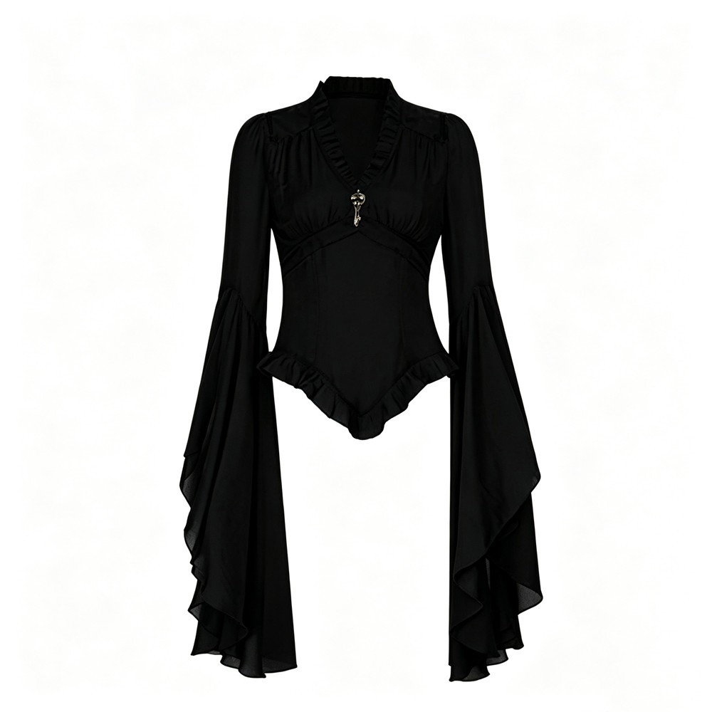 Vintage Blouse Women V Neck Lace Ruffle Super Long Flare Bell Sleeve Corset Tops