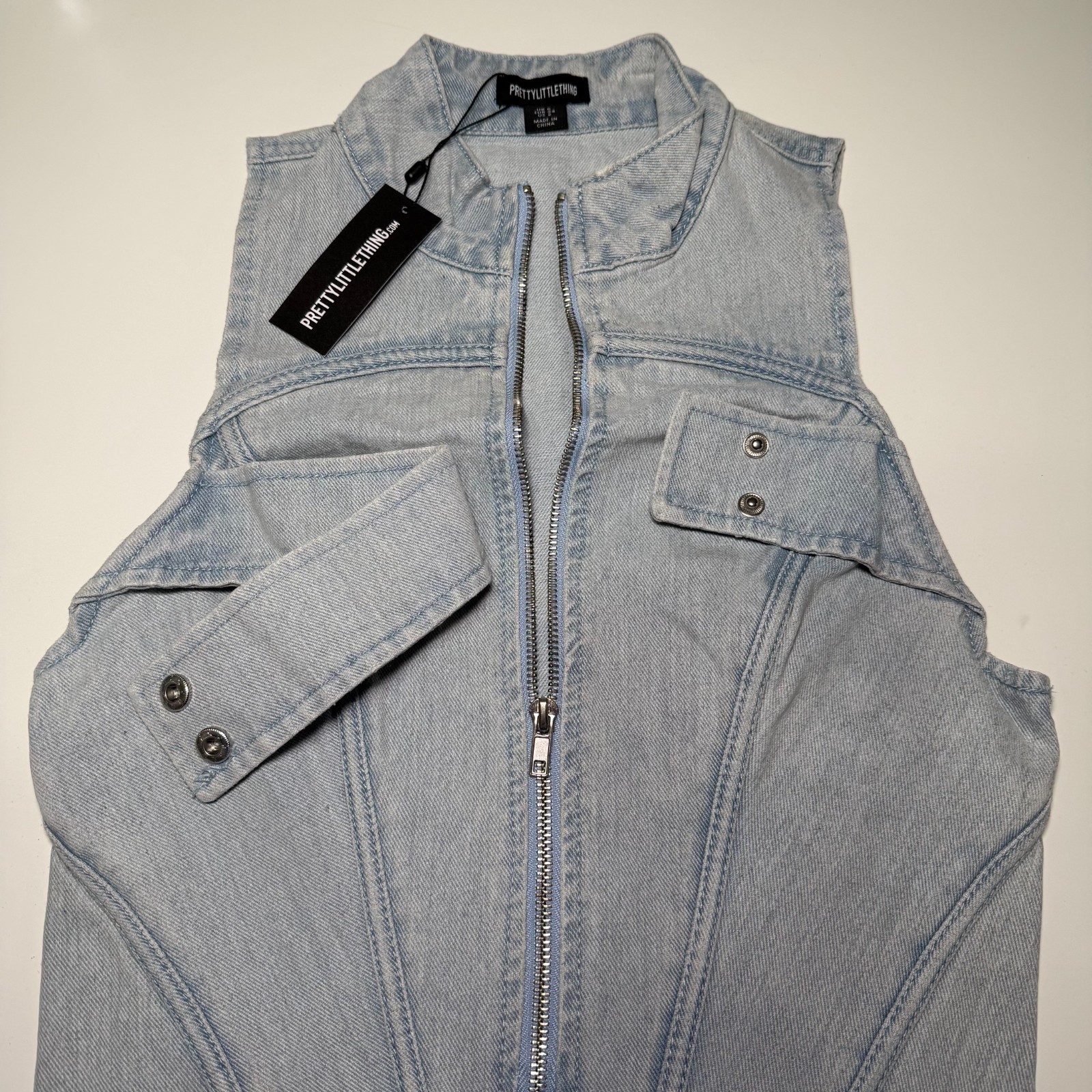 NWT PLT Bleach Wash Tab Detail Zip Through Denim Crop Top Size 2