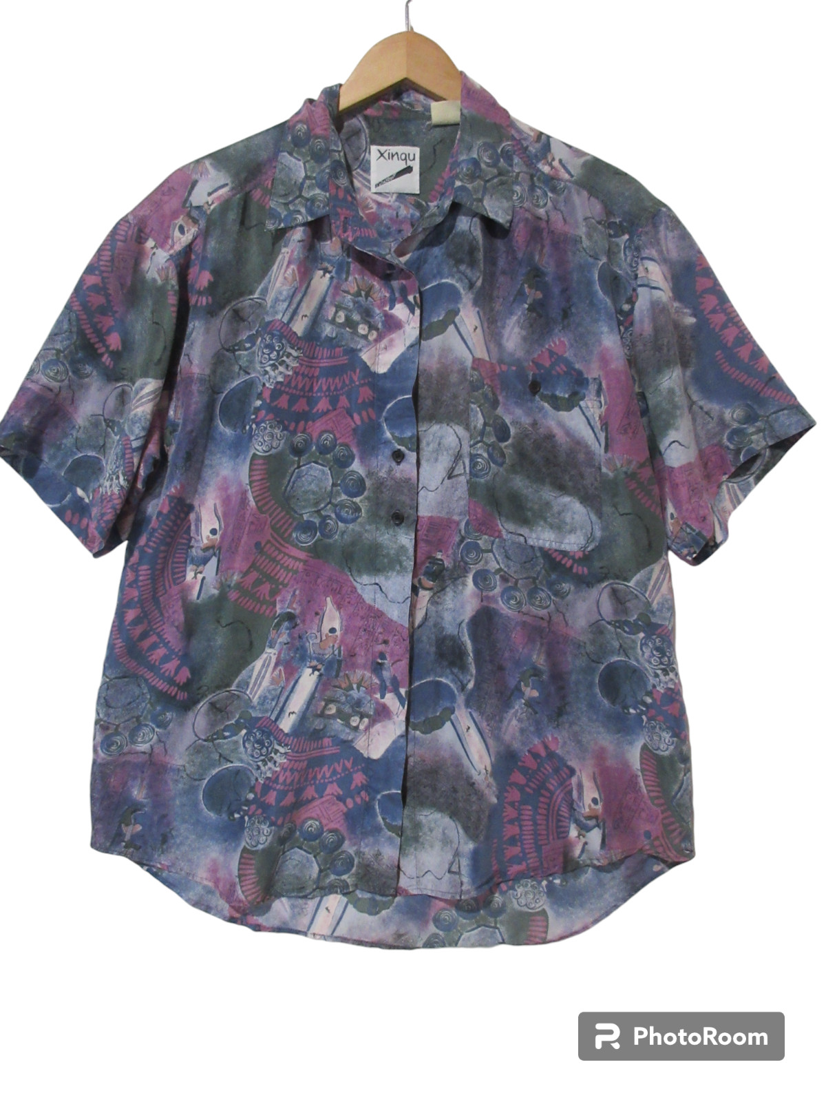 UNIQUE Sz M Vintage Xinqu Boxy Shirt Womens 100% Silk Retro Y2K Lagenlook Artsy