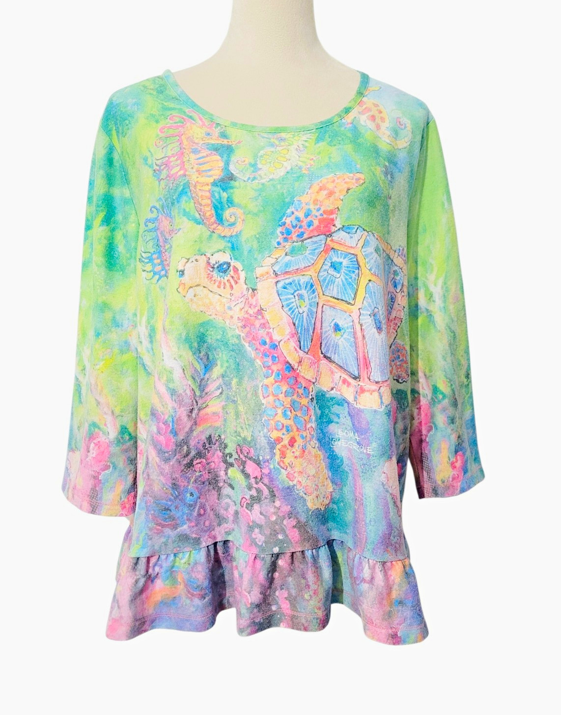 Leoma Lovegrove Size XL Sea Turtle Sweatshirt Coastal Art Ruffle Hem 3/4 Sleeve