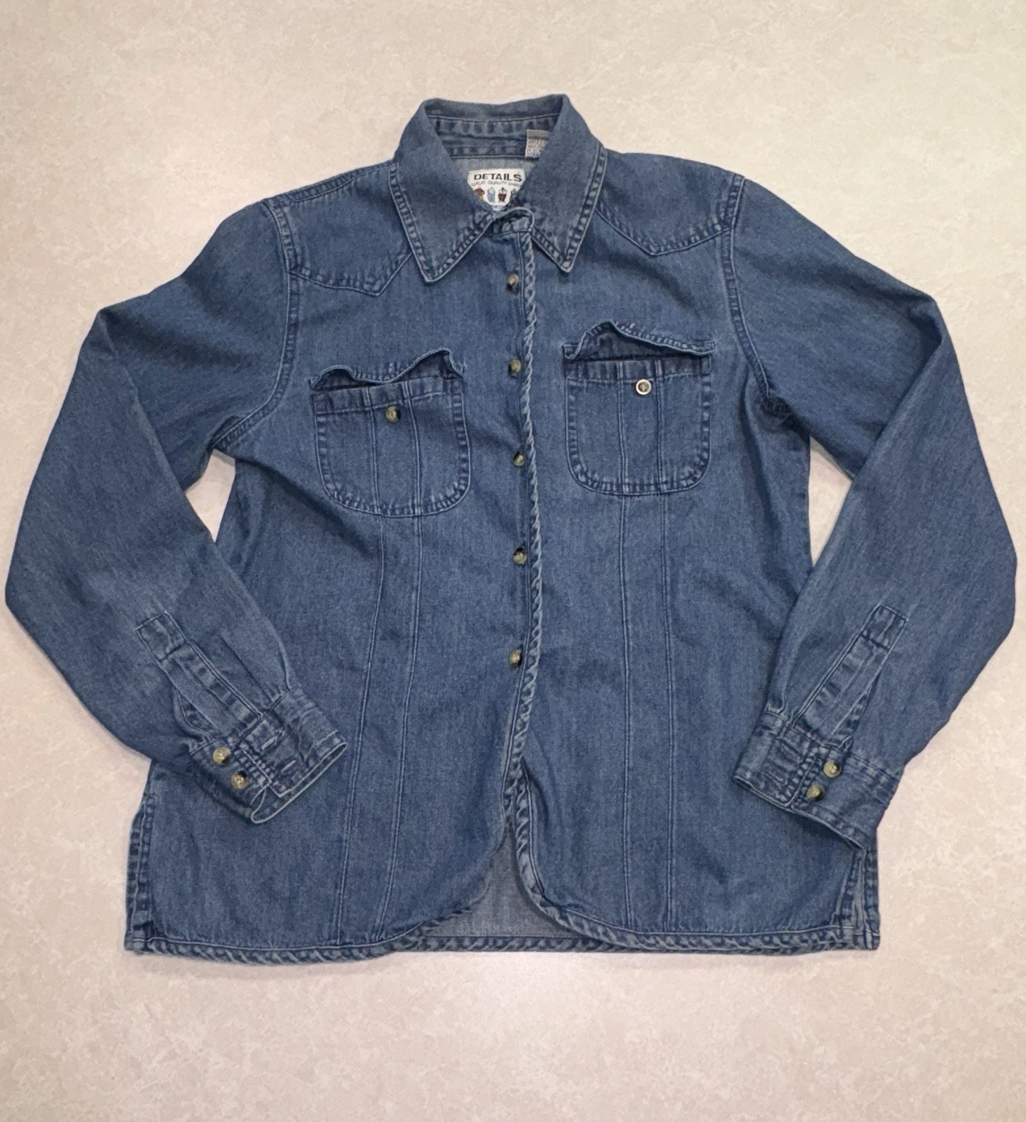 DETAILS Womens Blue Cotton Denim Button-Up Shirt Long Sleeve Pockets Size M