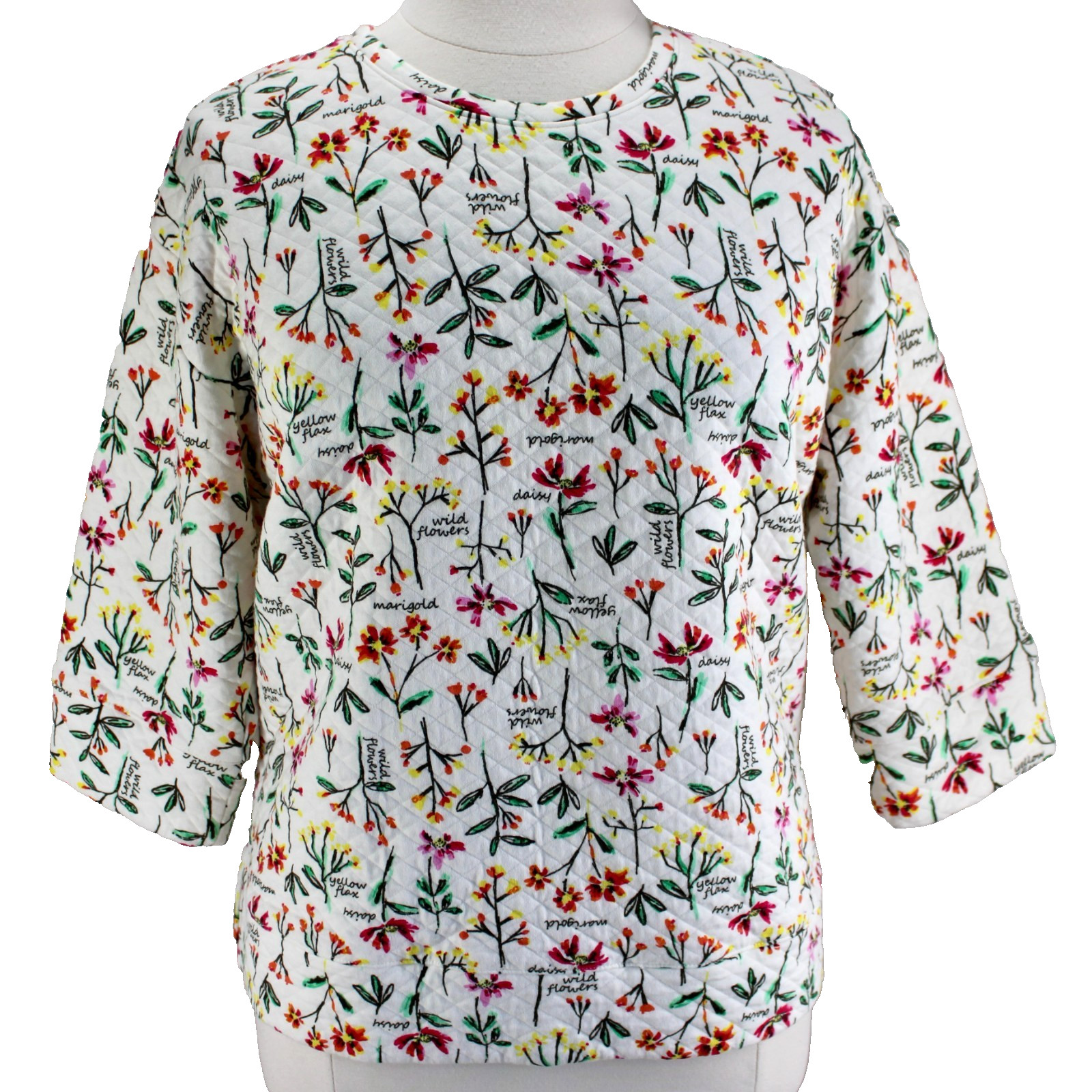 Lands End Quilted Top Womens Size IX Ivory Floral 3/4 Sleeve Crewneck Knit Top