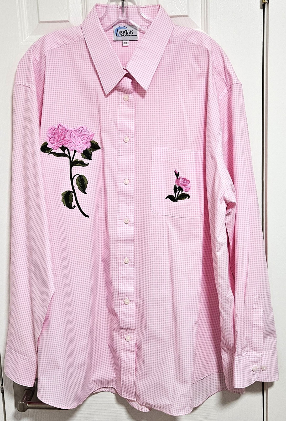 Las Olas Womens 1X Pink & White Gingham Shirt Button Embroidered Roses L/S New