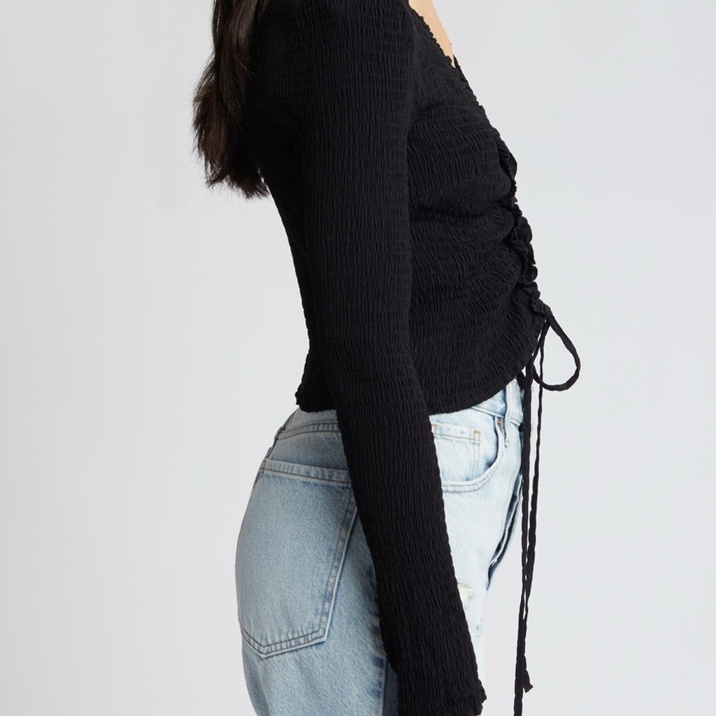 ✨NWT Topshop Black Ruched Long Sleeve Lace-Up Top V Neck Minimalist Going Out