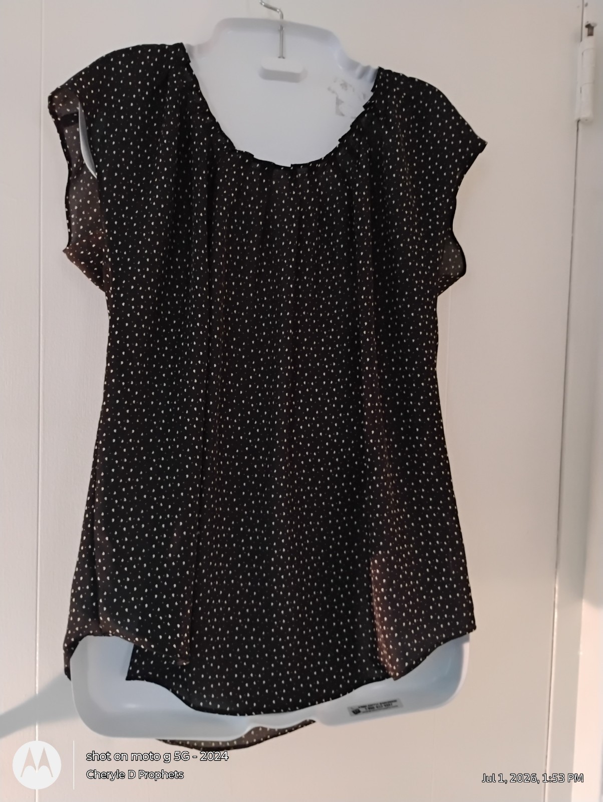 Sheer Blouse Black Poka Dot Boatneck Flutter Sleeves Back Tie Medium